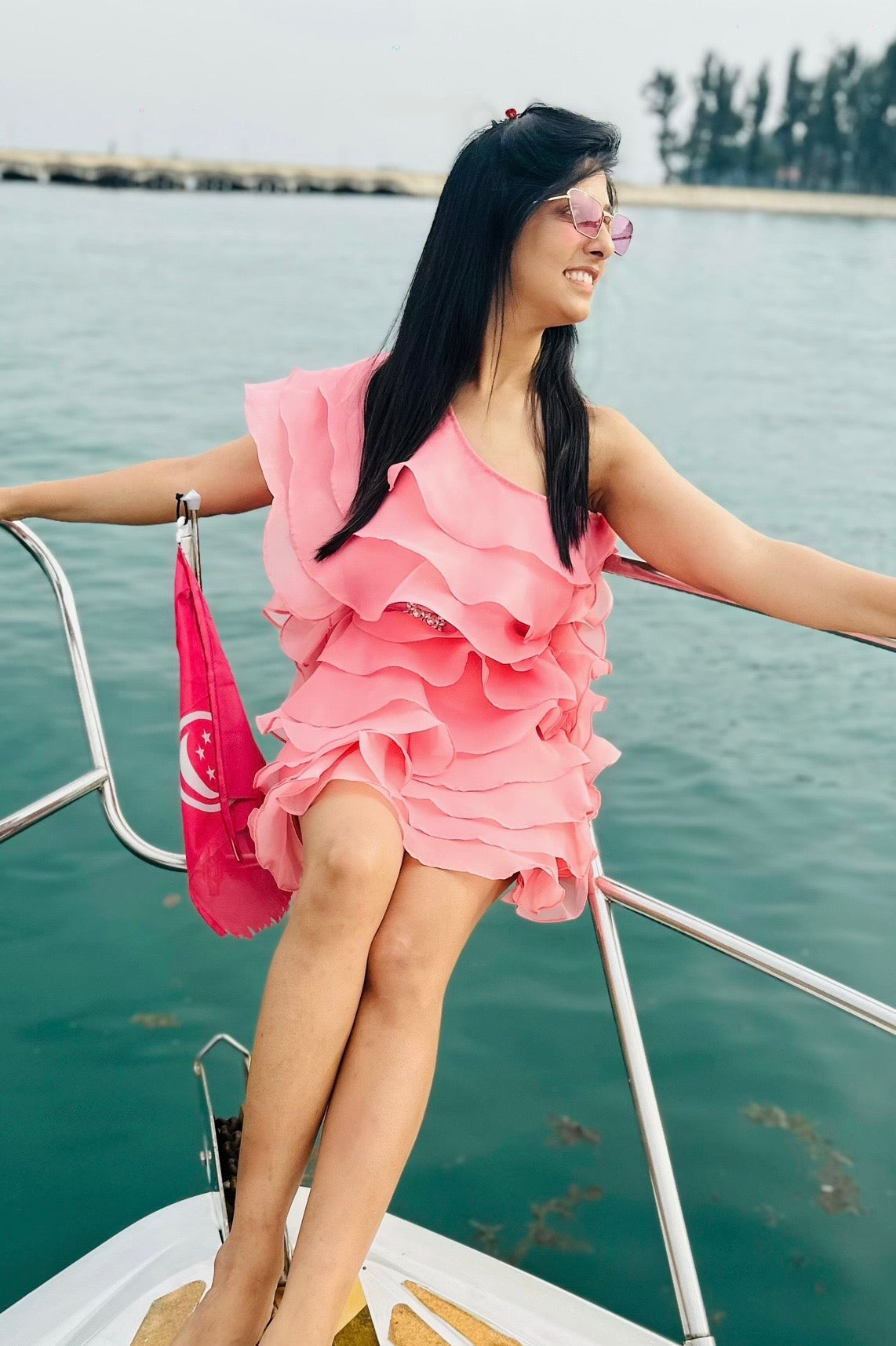 Ruffled Organza Dress & Rhinestone buckled belt - Earthy Pink
