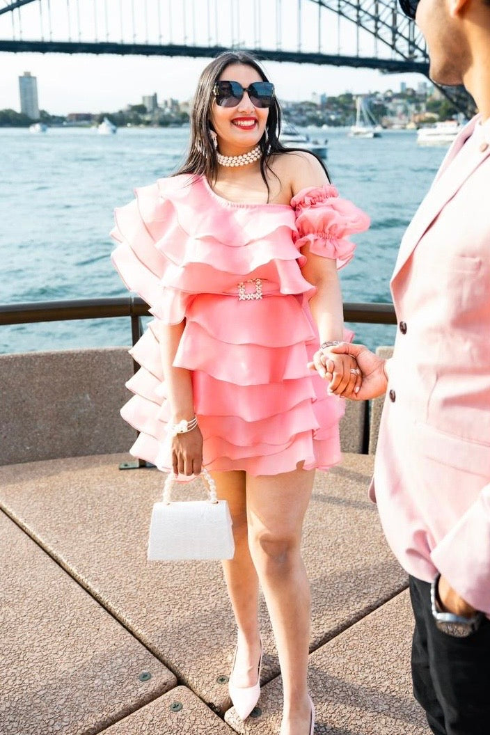 Ruffled Organza Dress & Rhinestone buckled belt - Earthy Pink