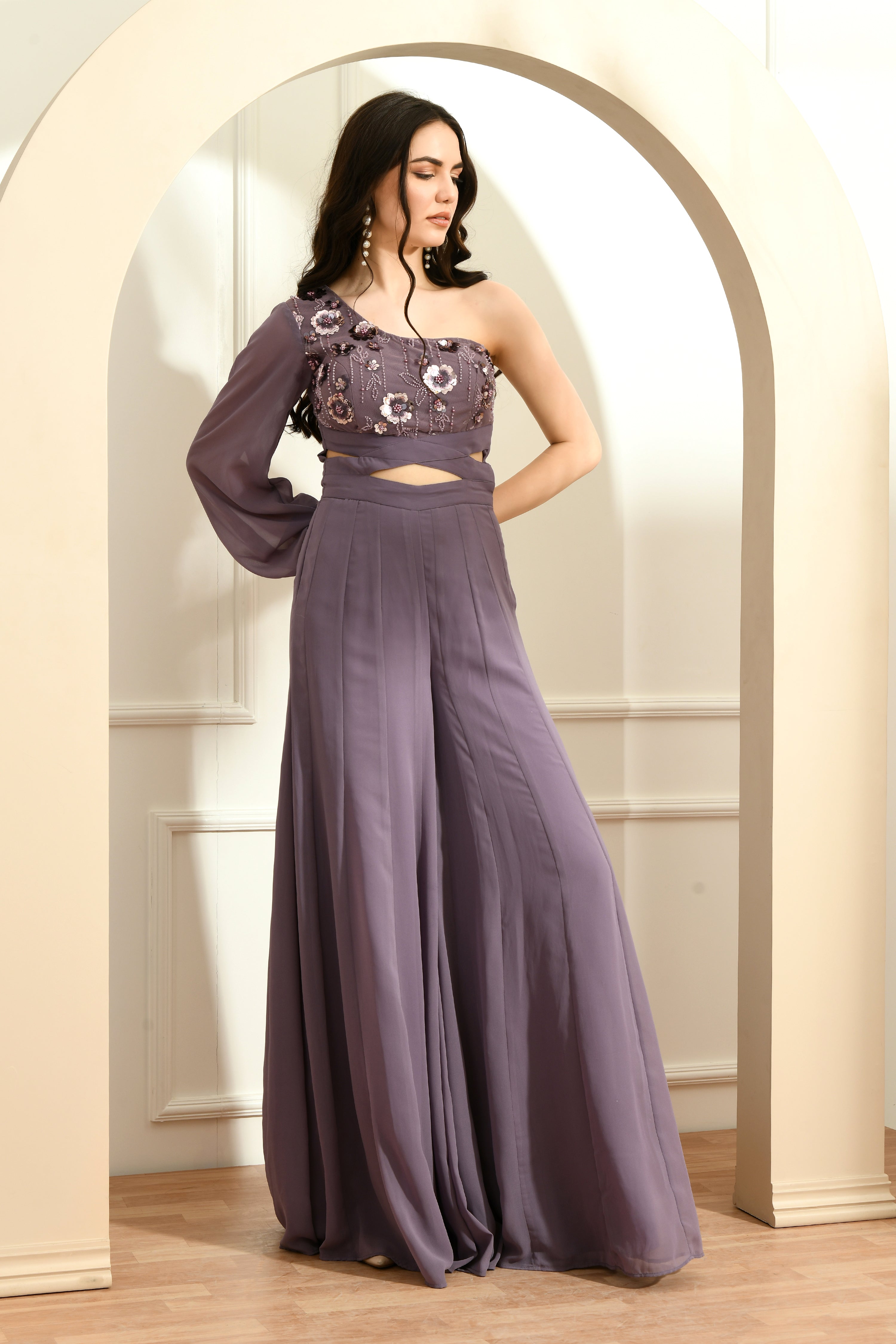 Indo-Western Paneled Jumpsuit- Earthy Purple