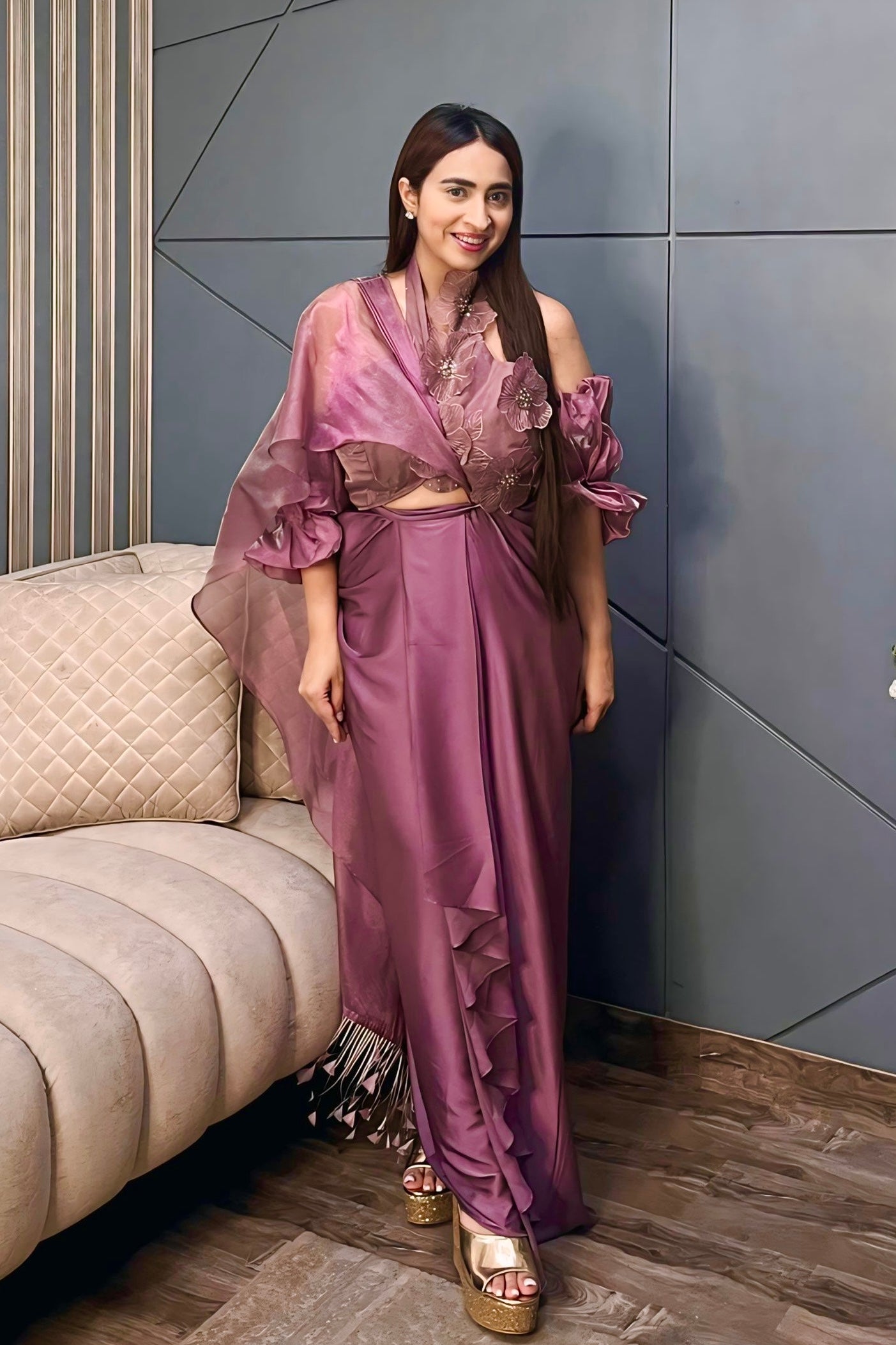 Blossom Draped Saree Set - Mostly Mauve