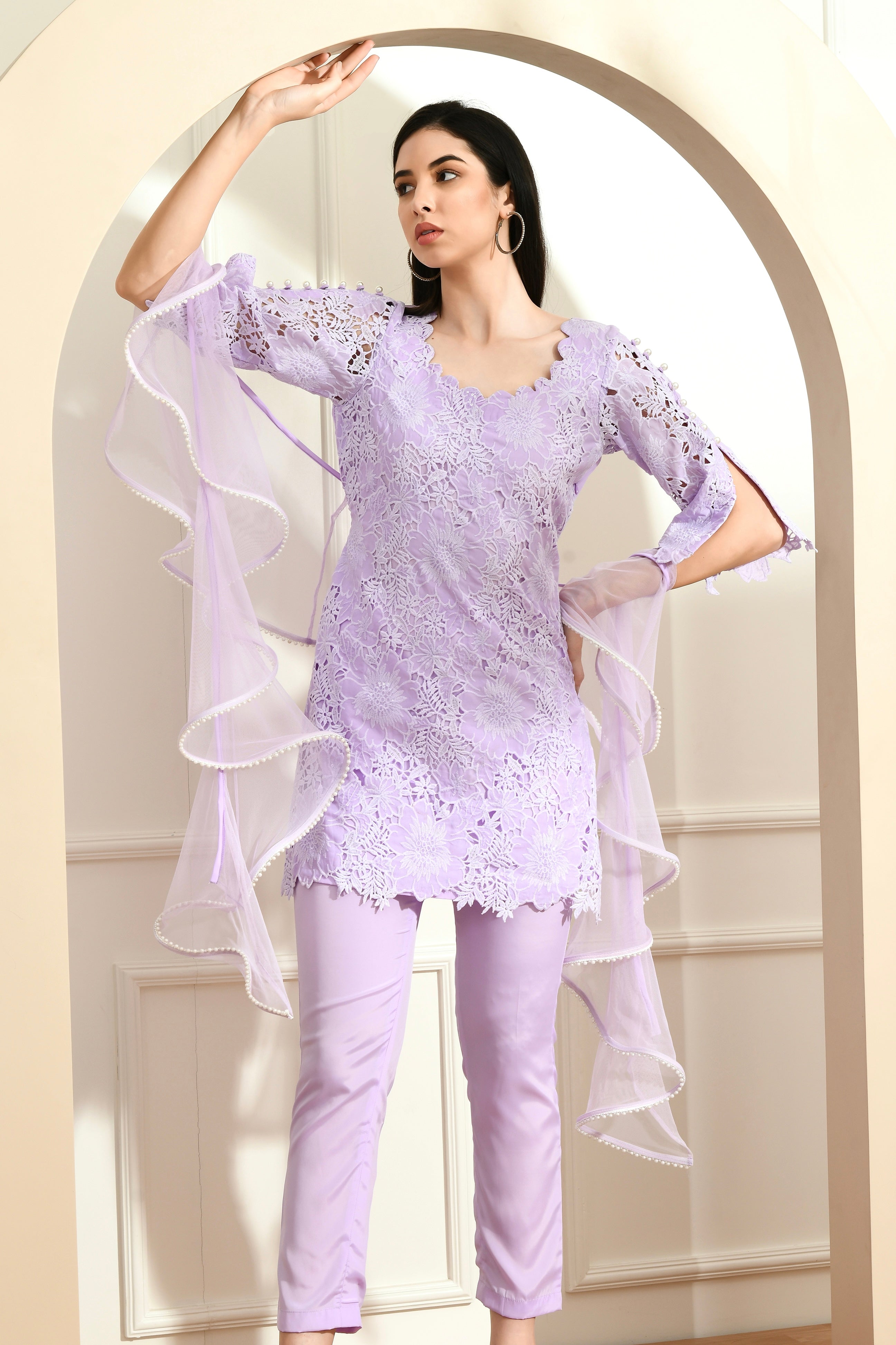3-Piece Suit Set With Ruffled Dupatta - Earthy Lavender