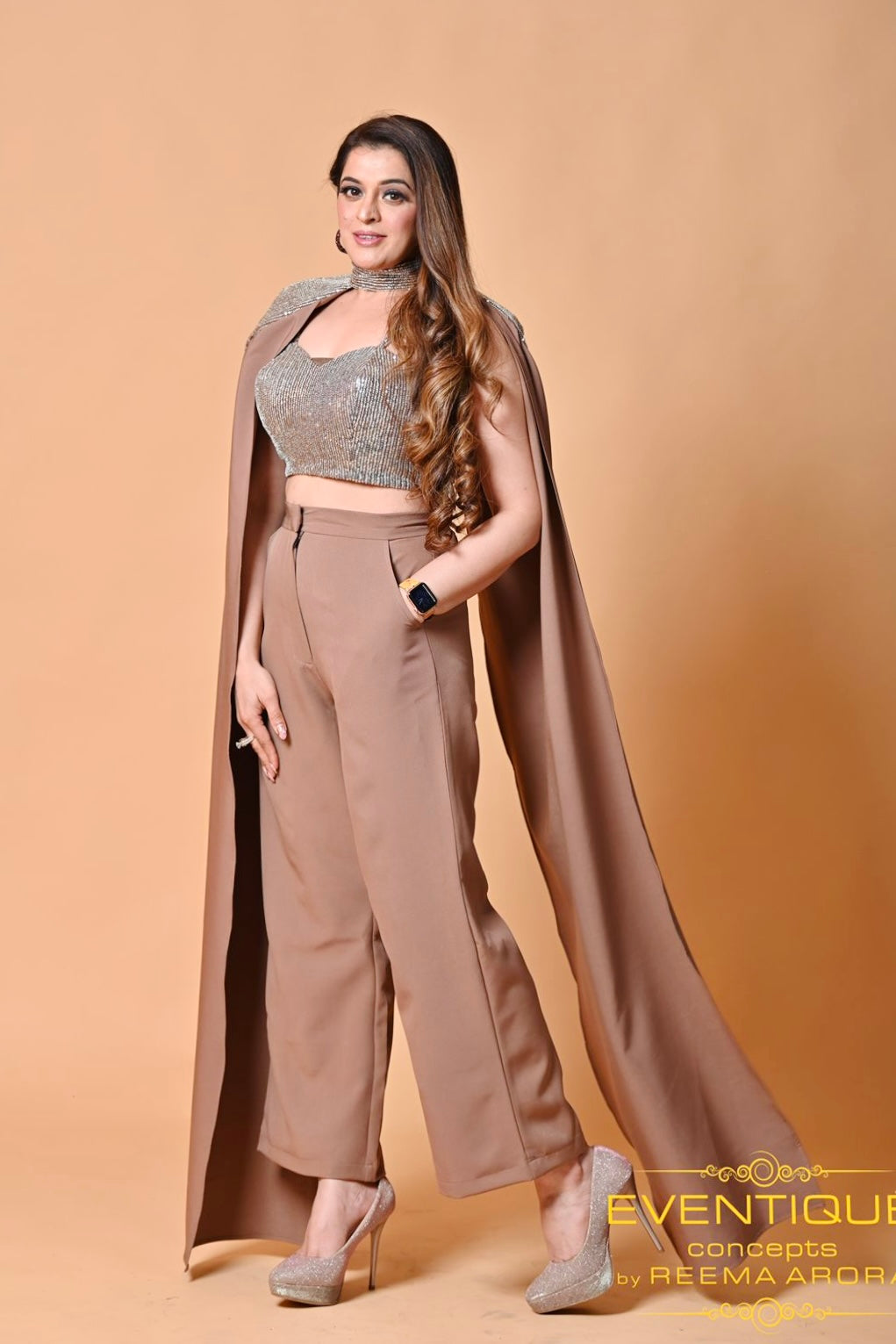 3-Piece Sequined Trail Cape Set - Earthy Brown