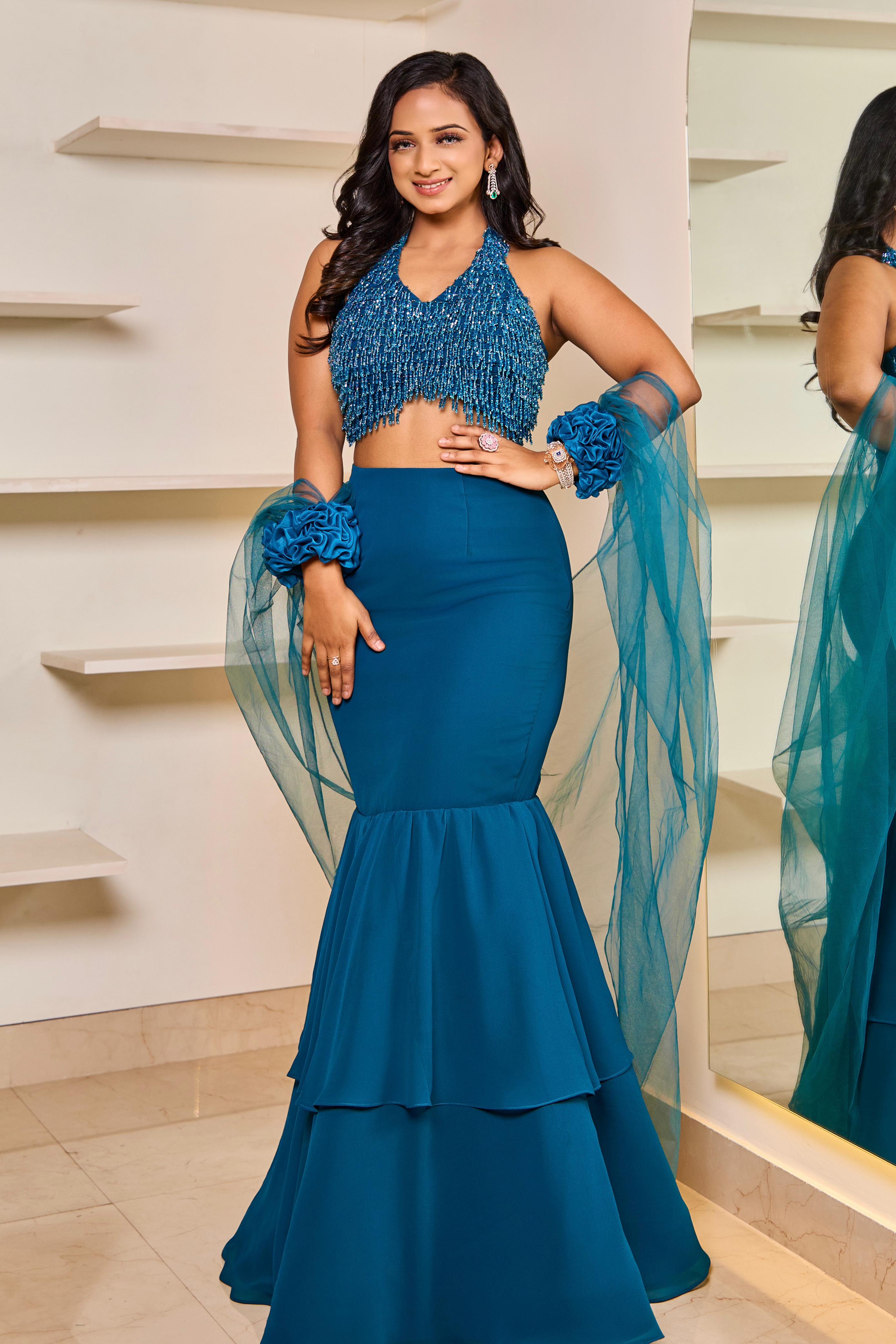 Mermaid Cut Lehenga Set- Prussian Blue