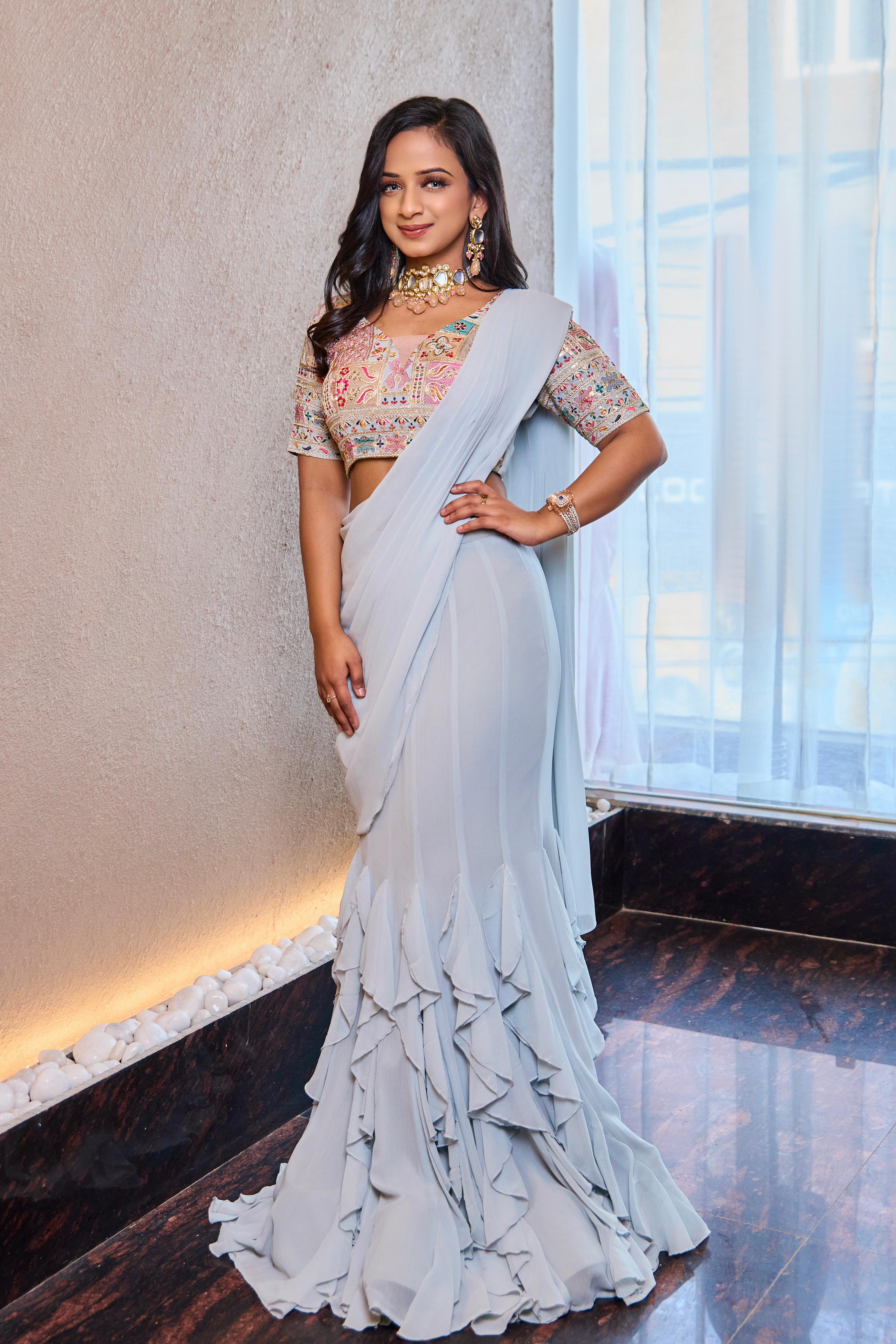 Ruffle Saree Set - Greyish Blue