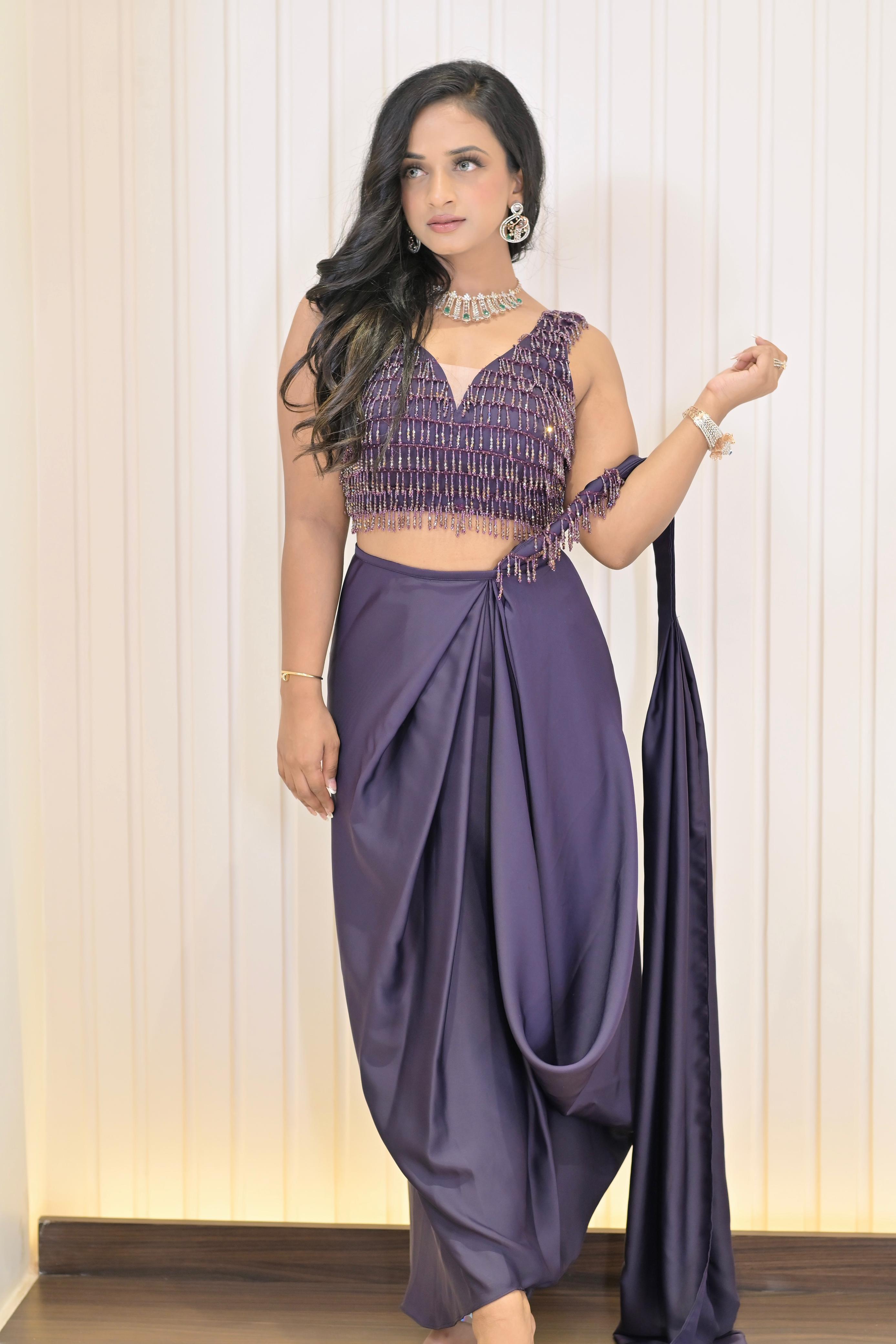 Tassel Draped Saree Set- Deep Purple