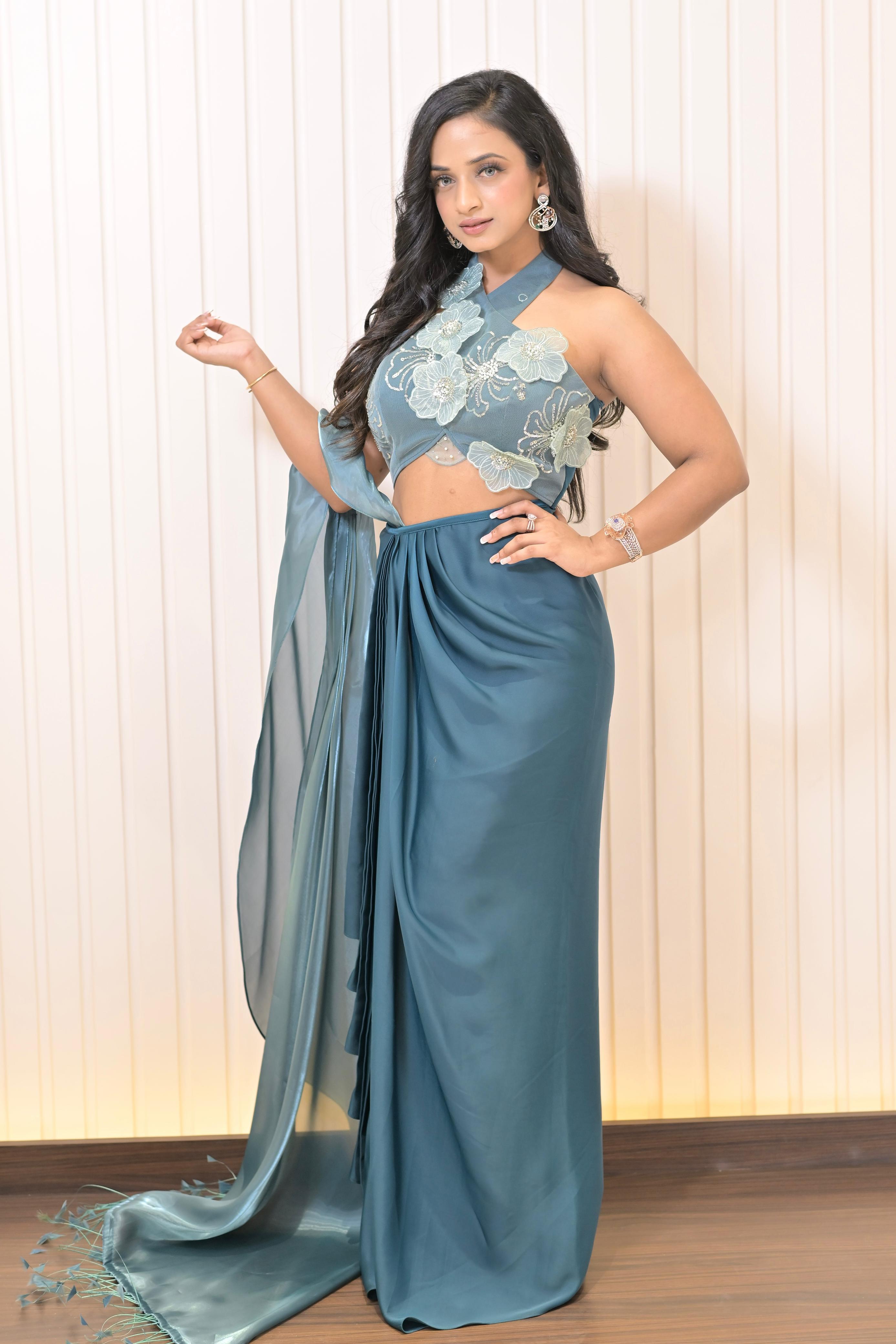 Blossom Draped Saree Set - Mostly Green