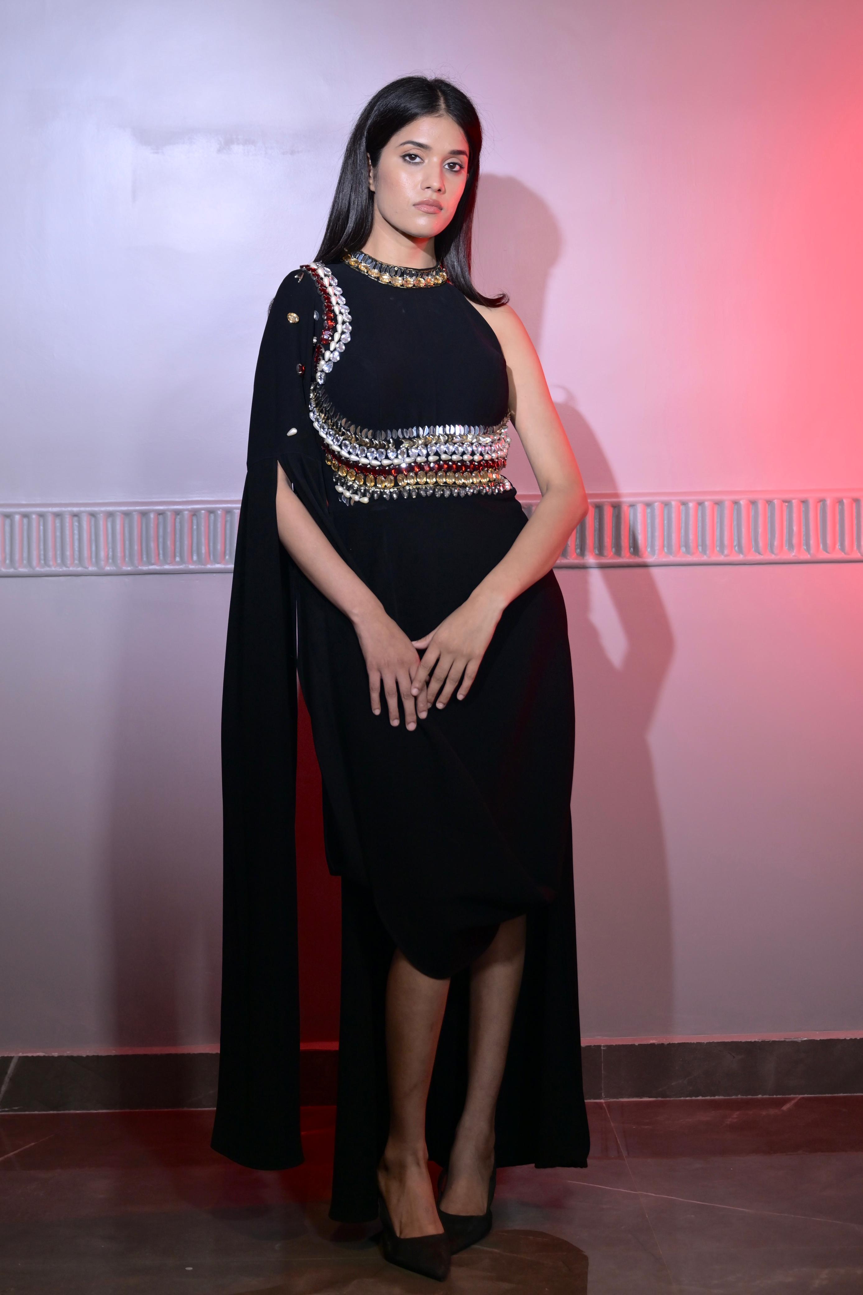 Swarovski & Crystal Indo Western Dress - Midnight Black