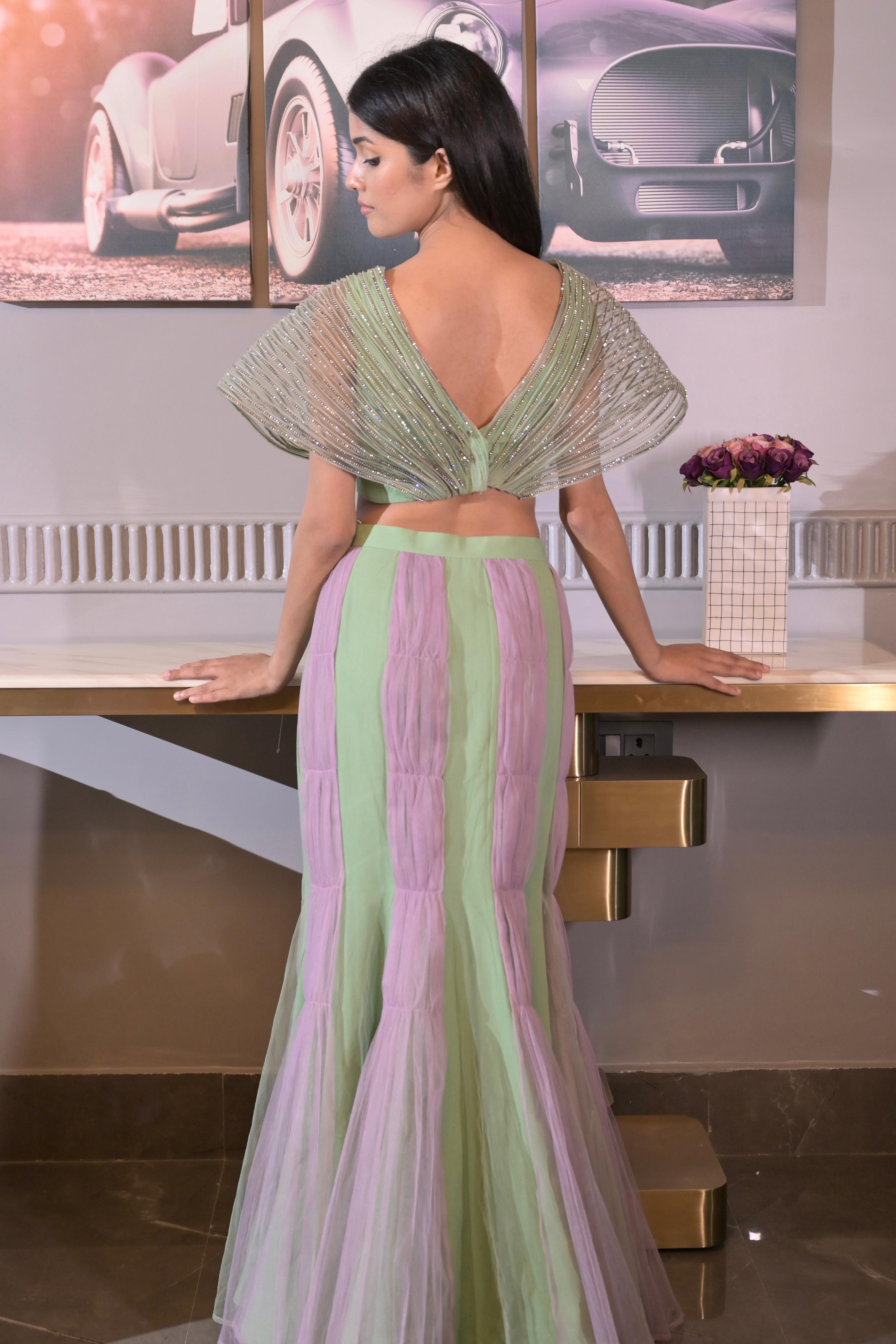 Color Blocked Statement Lehenga - Mint Green & Lavender
