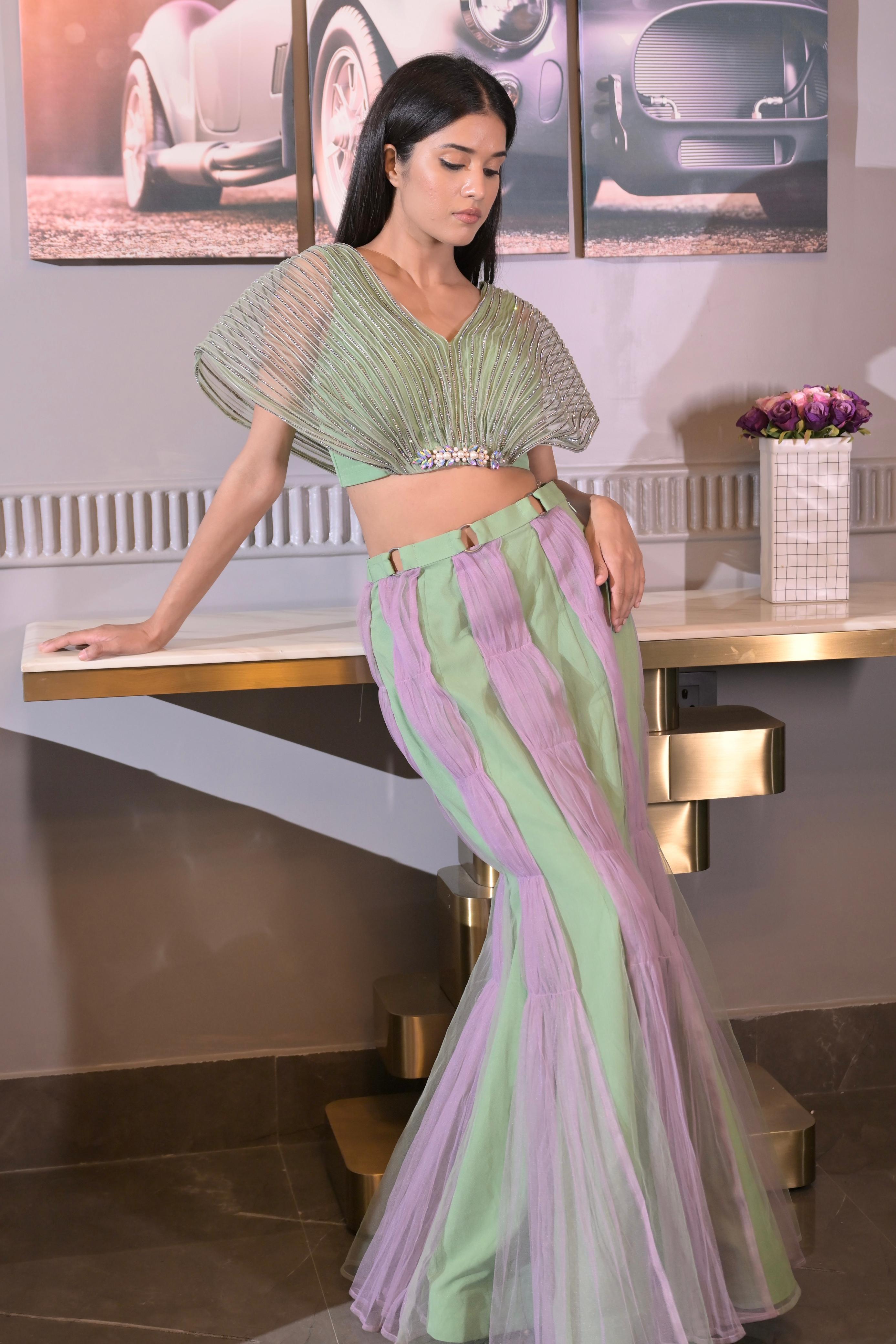 Color Blocked Statement Lehenga - Mint Green & Lavender