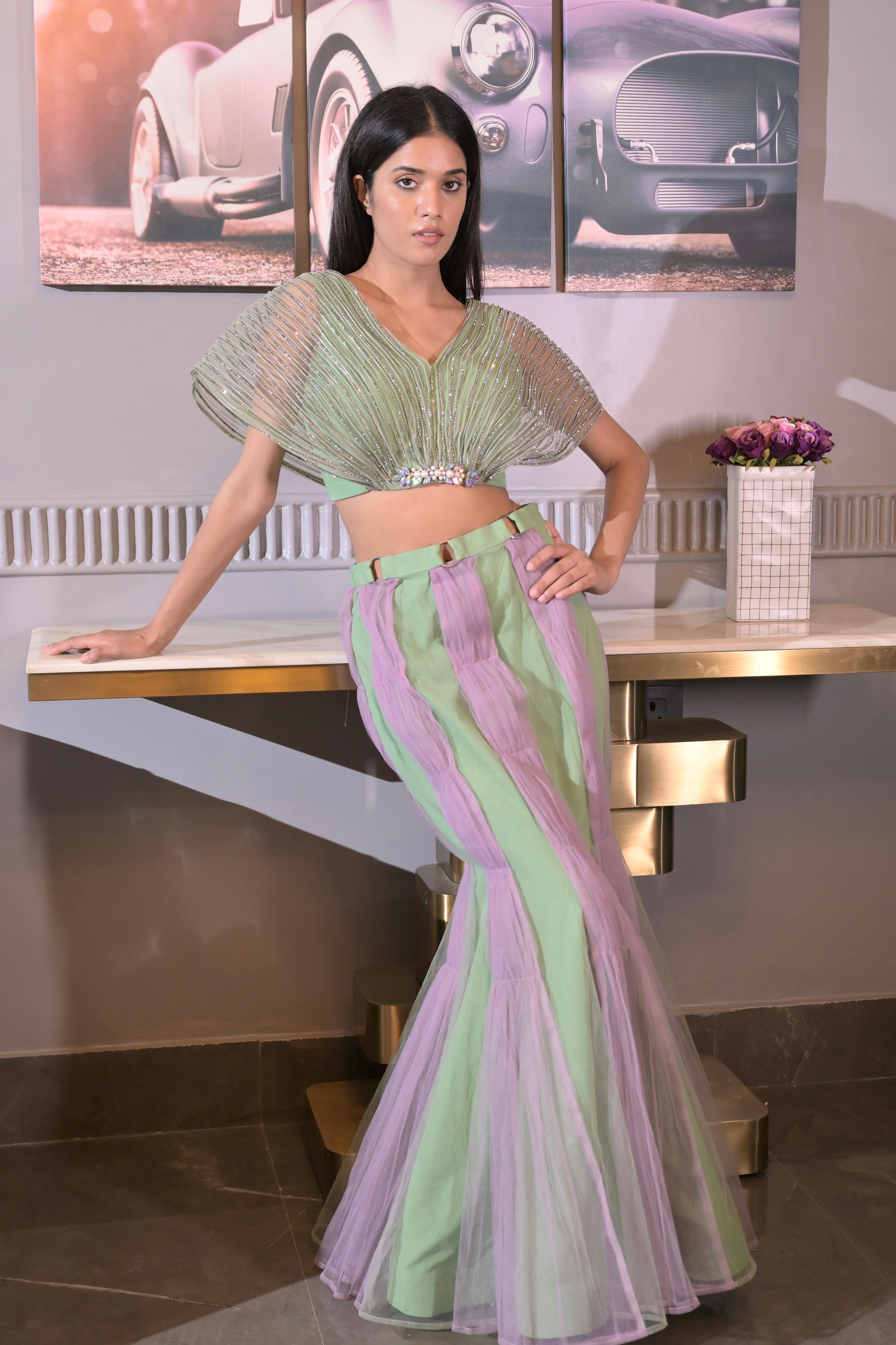 Color Blocked Statement Lehenga - Mint Green & Lavender