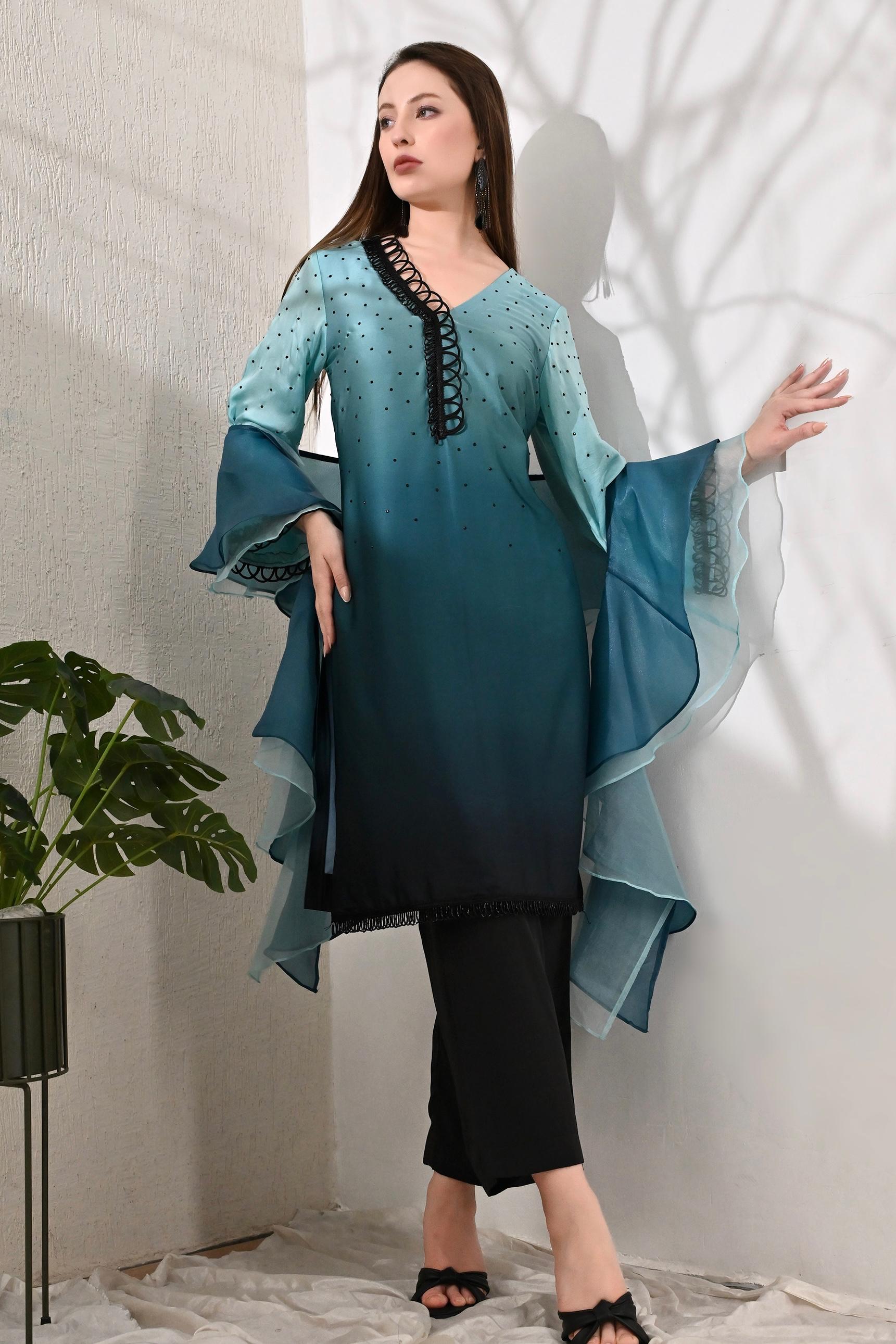 3-Piece Suit Set with Ruffle Dupatta - Turquoise Ombre Hue