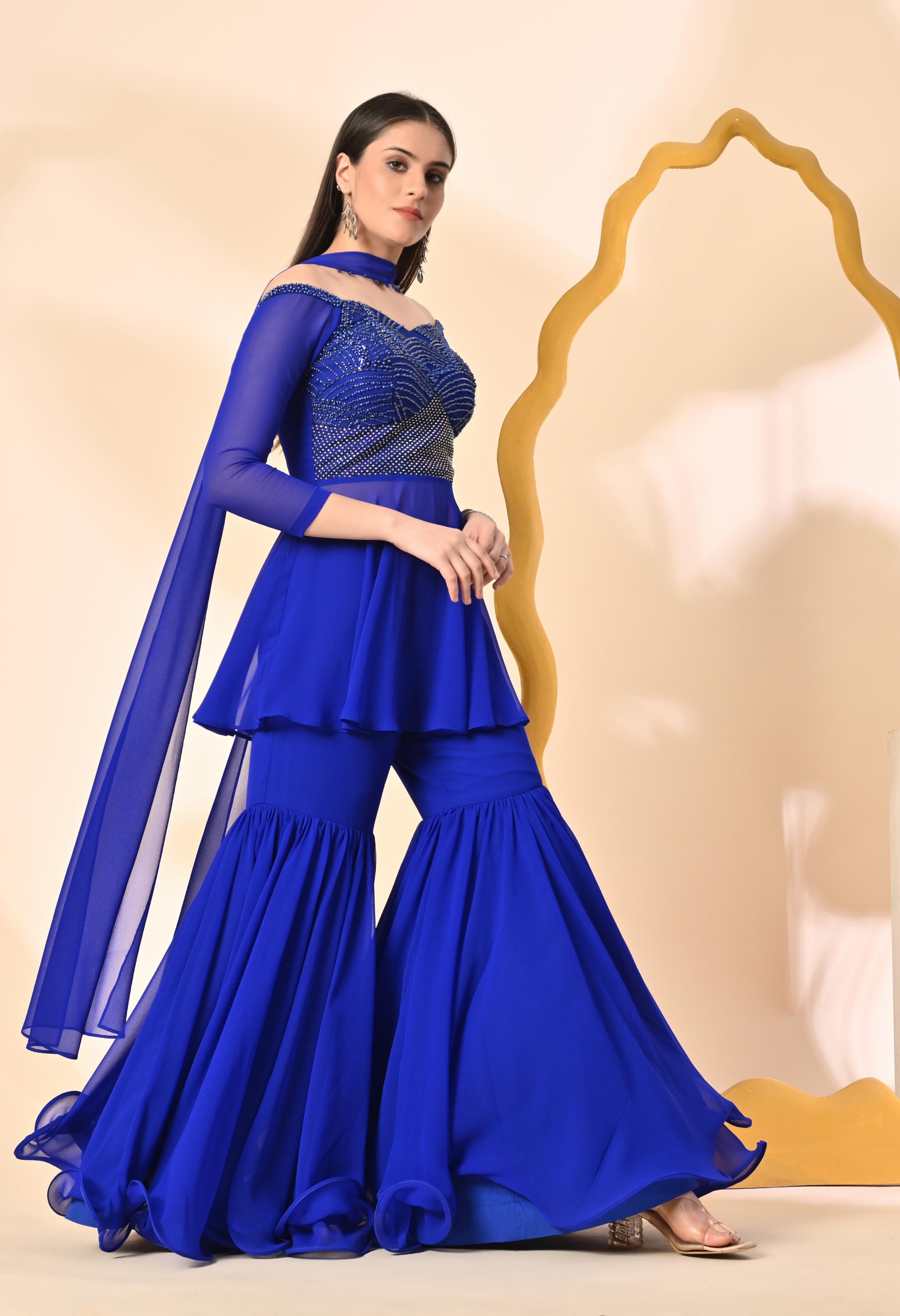 Off Shoulder Suit Set - Egyptian Blue