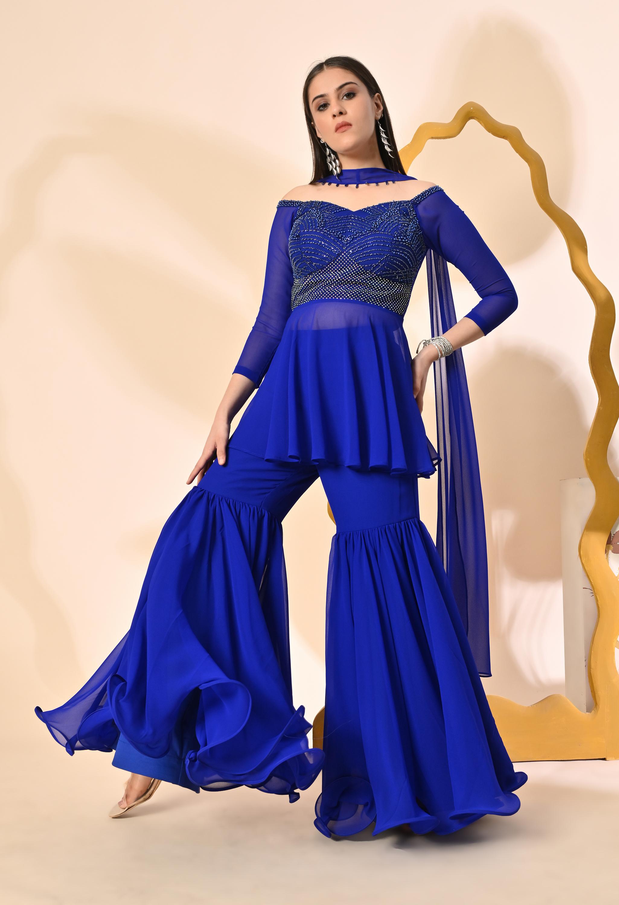Off Shoulder Suit Set - Egyptian Blue