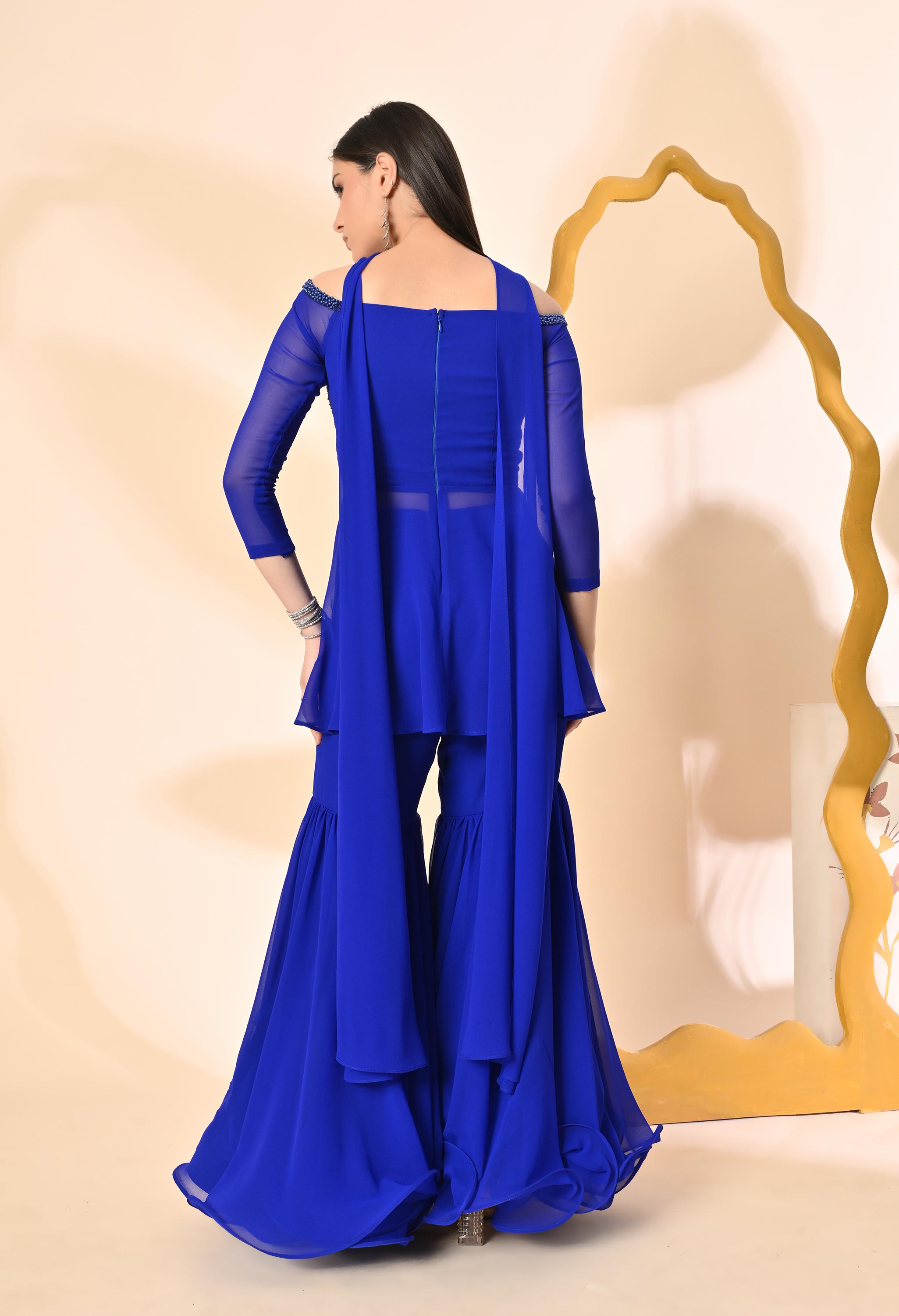 Off Shoulder Suit Set - Egyptian Blue