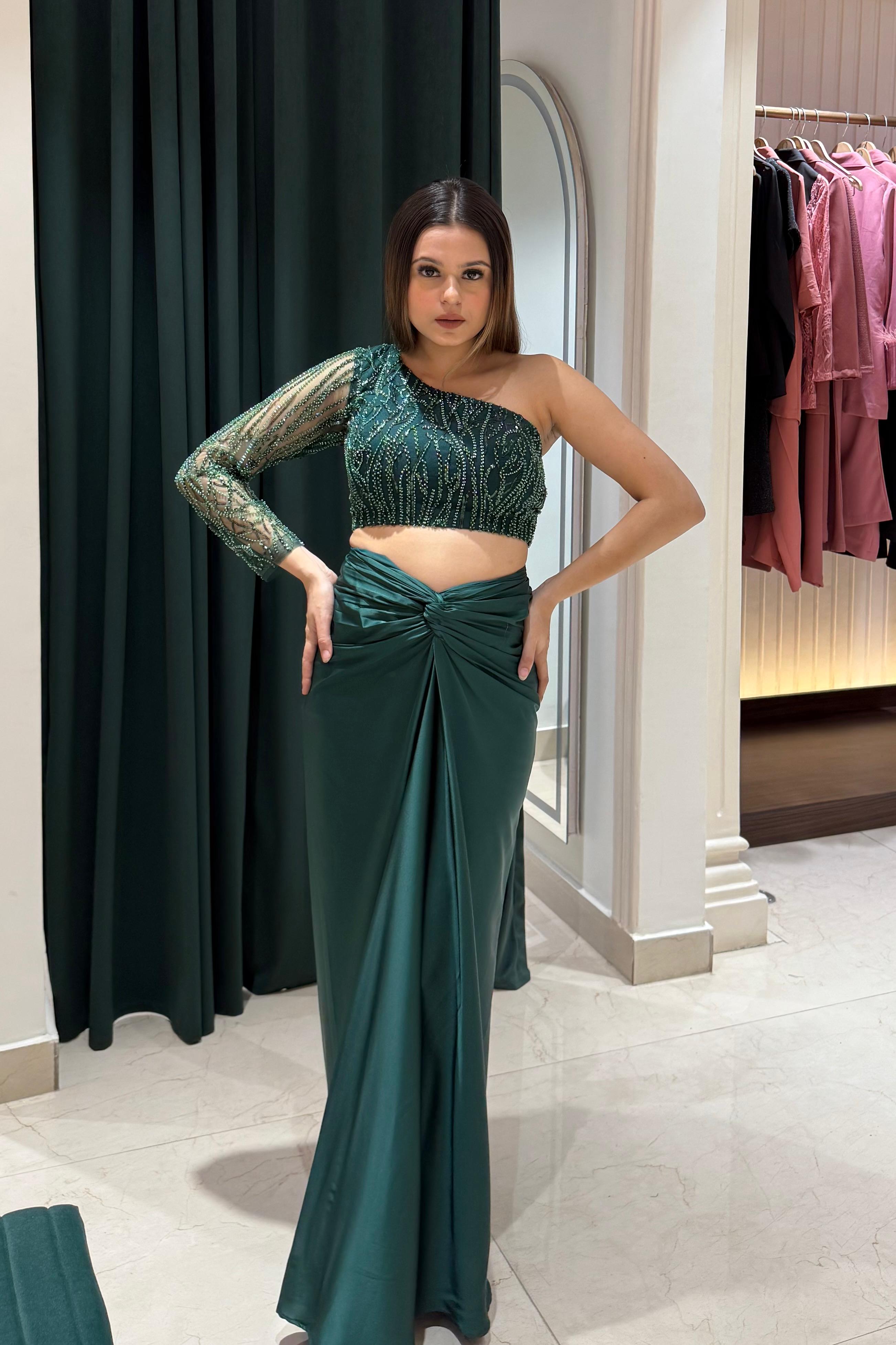 One Shoulder Indo Western Set: Emerald Green