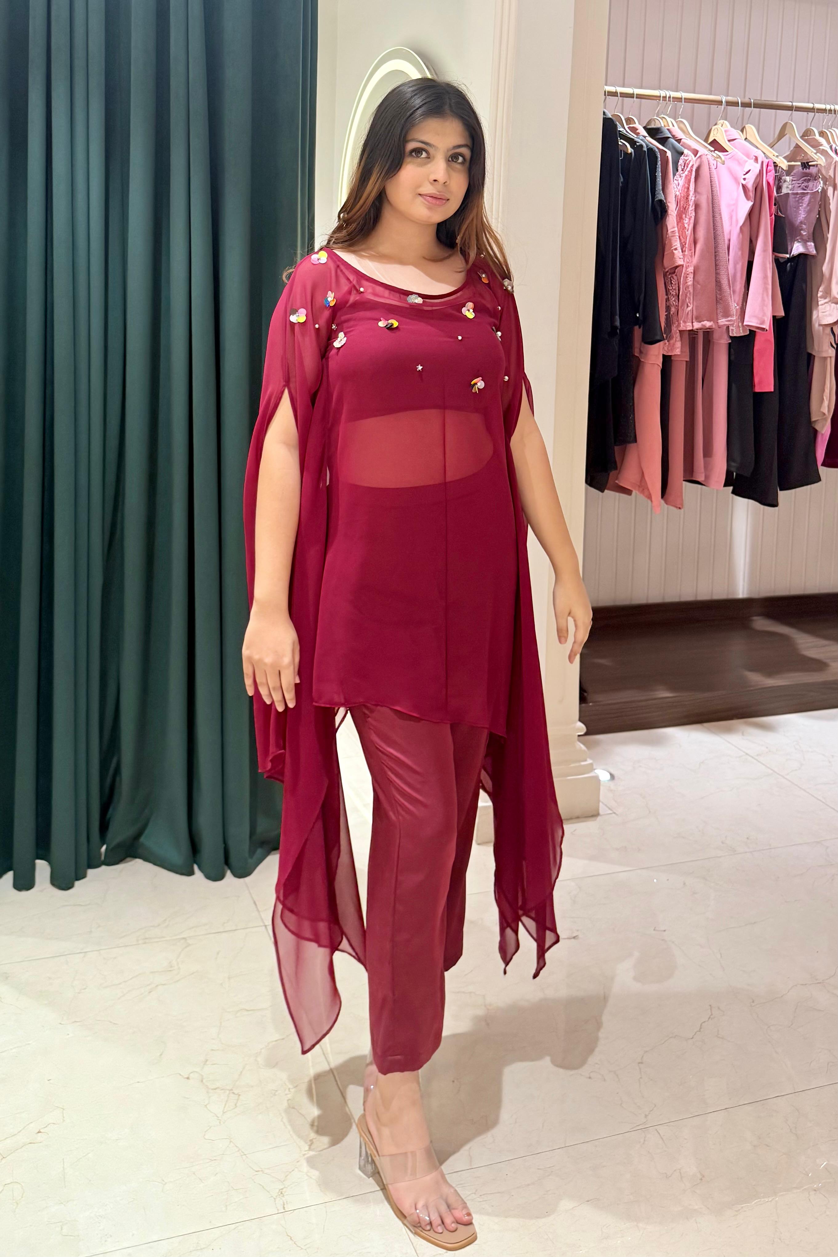 3 Piece Indo Western Set: Ruby Red