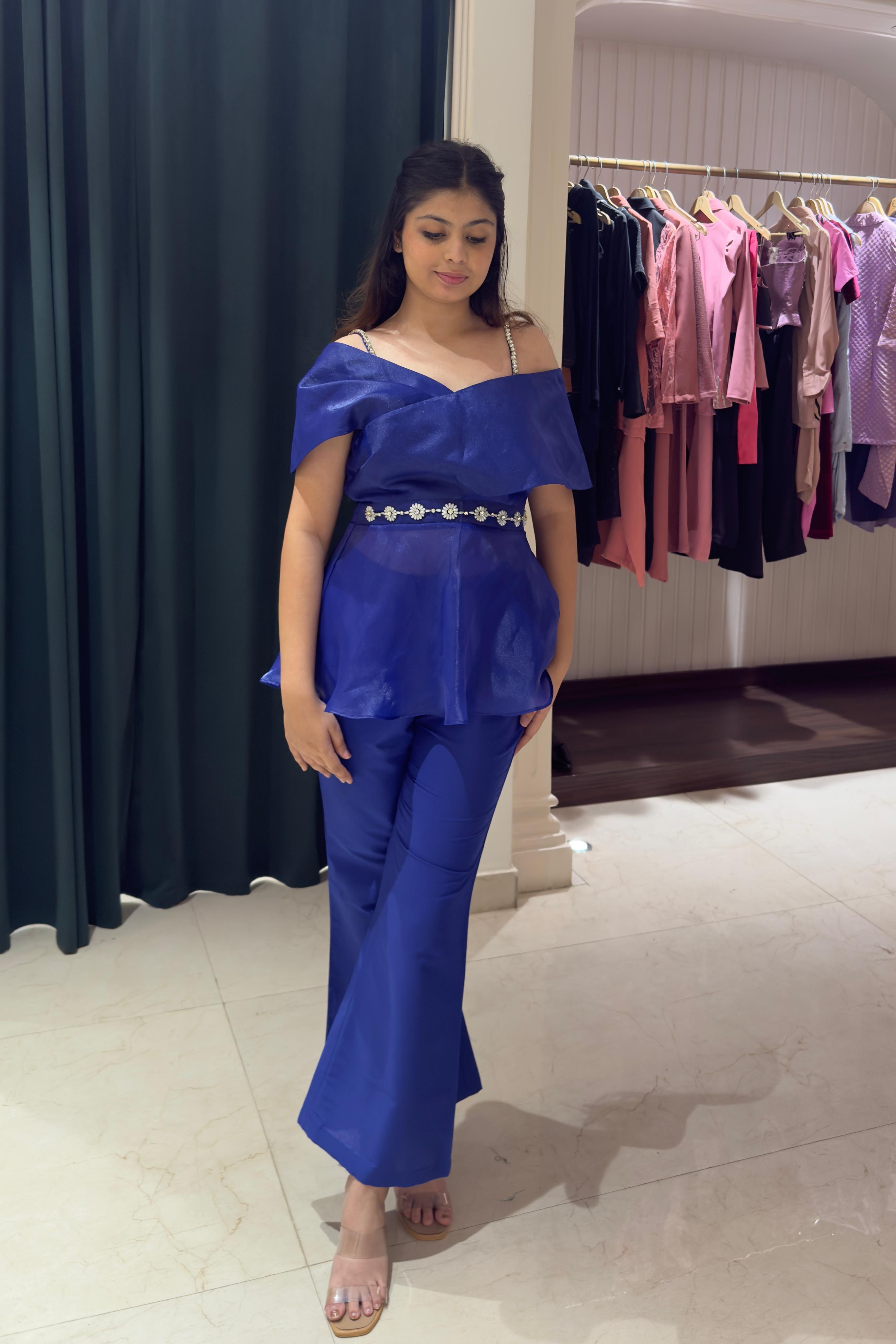 Off Shoulder Co-Ord Set: Indigo Blue