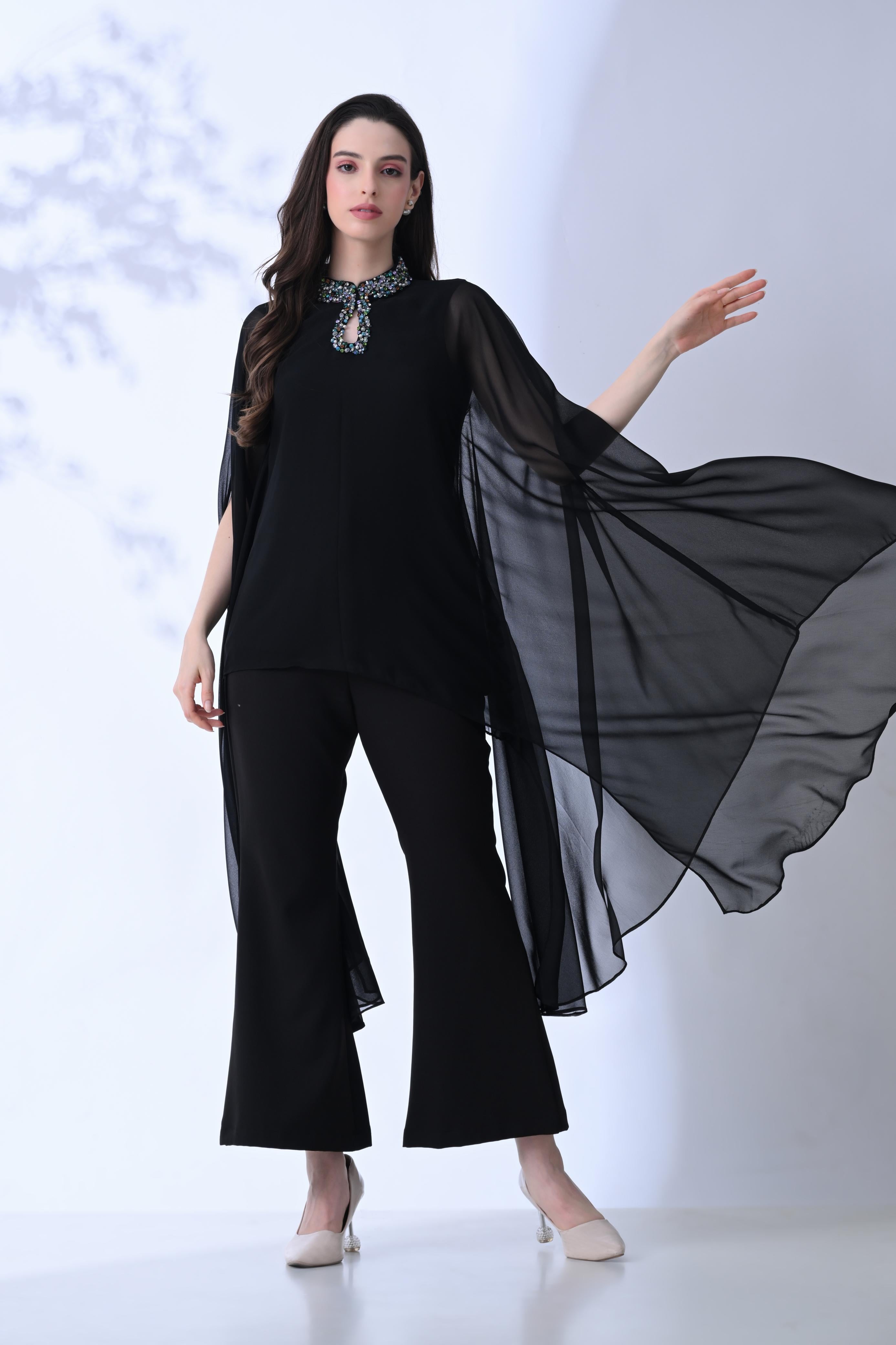 Hand Detailed Cape Co-Ord Set : Elegant Black