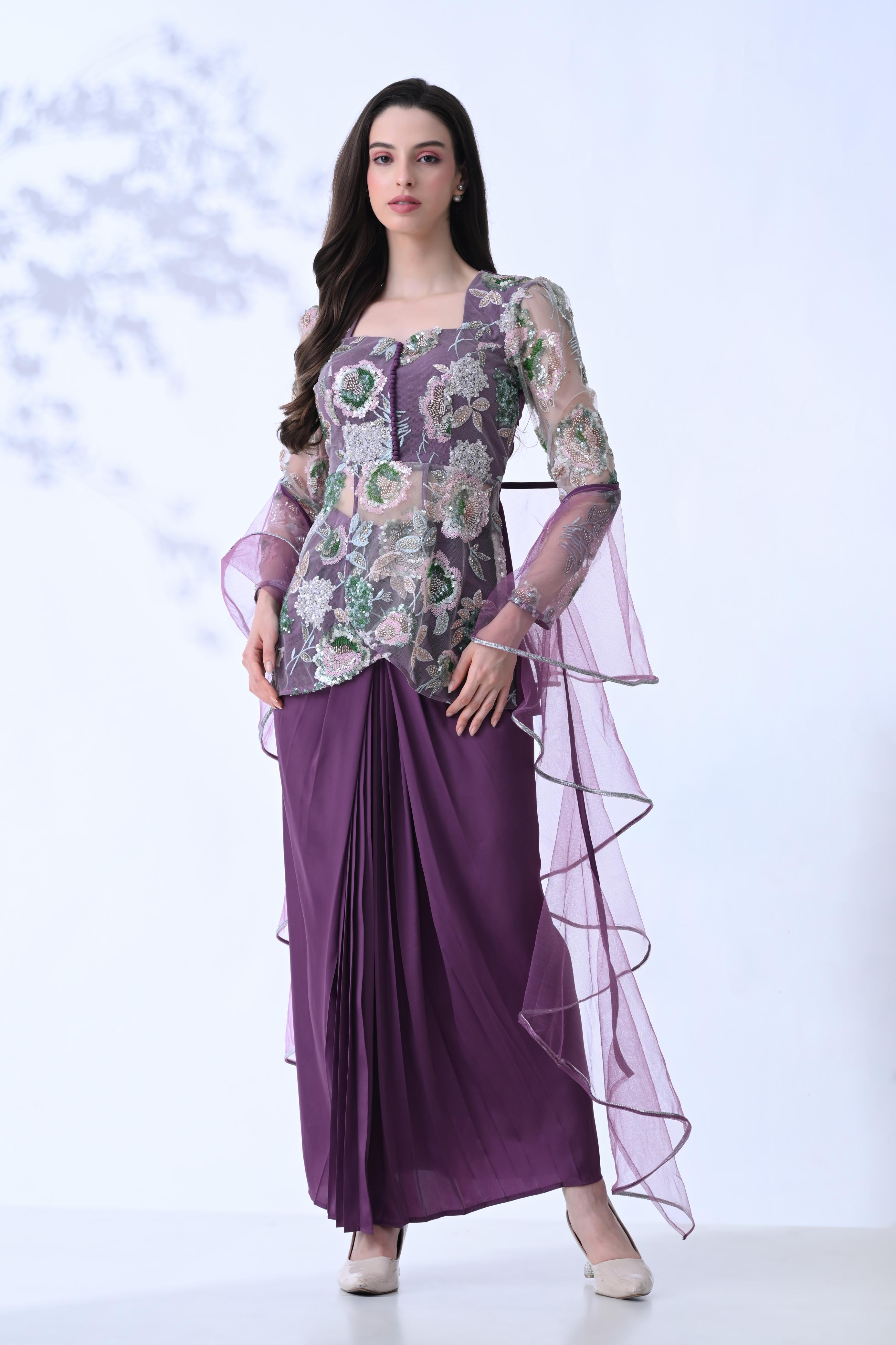 Embellished 3-Piece Indo Western Set - Signature Plum