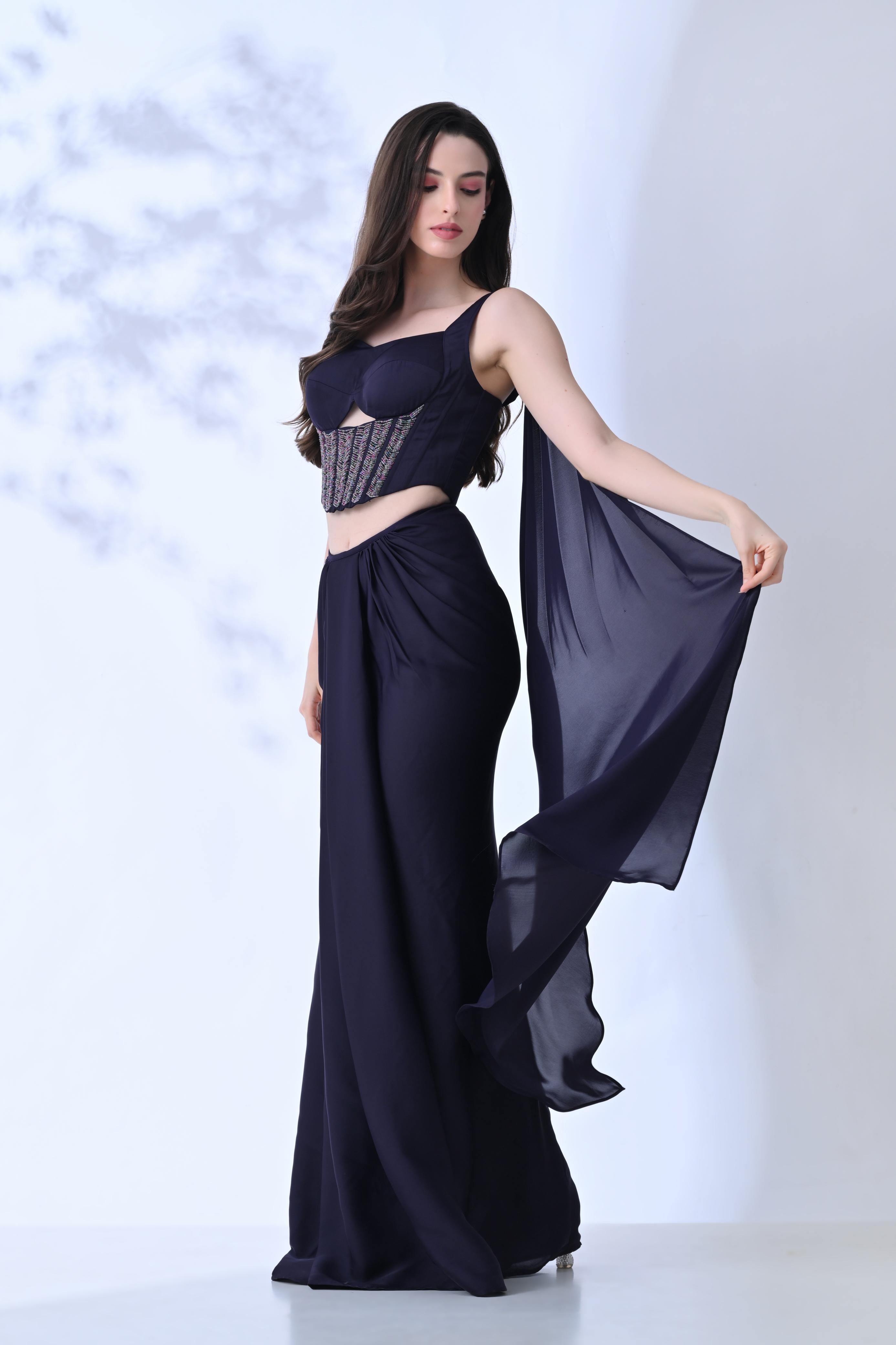 Handset Crystal Corset Saree - Deep Purple