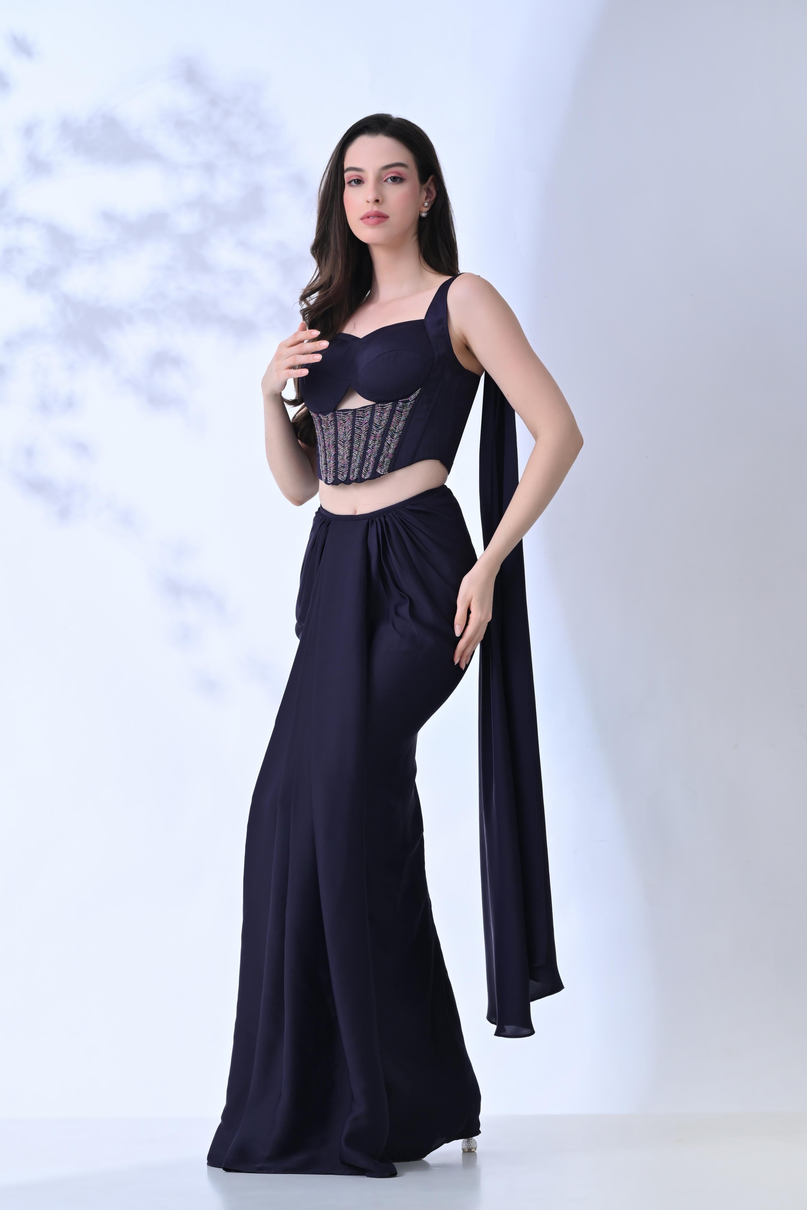 Handset Crystal Corset Saree - Deep Purple