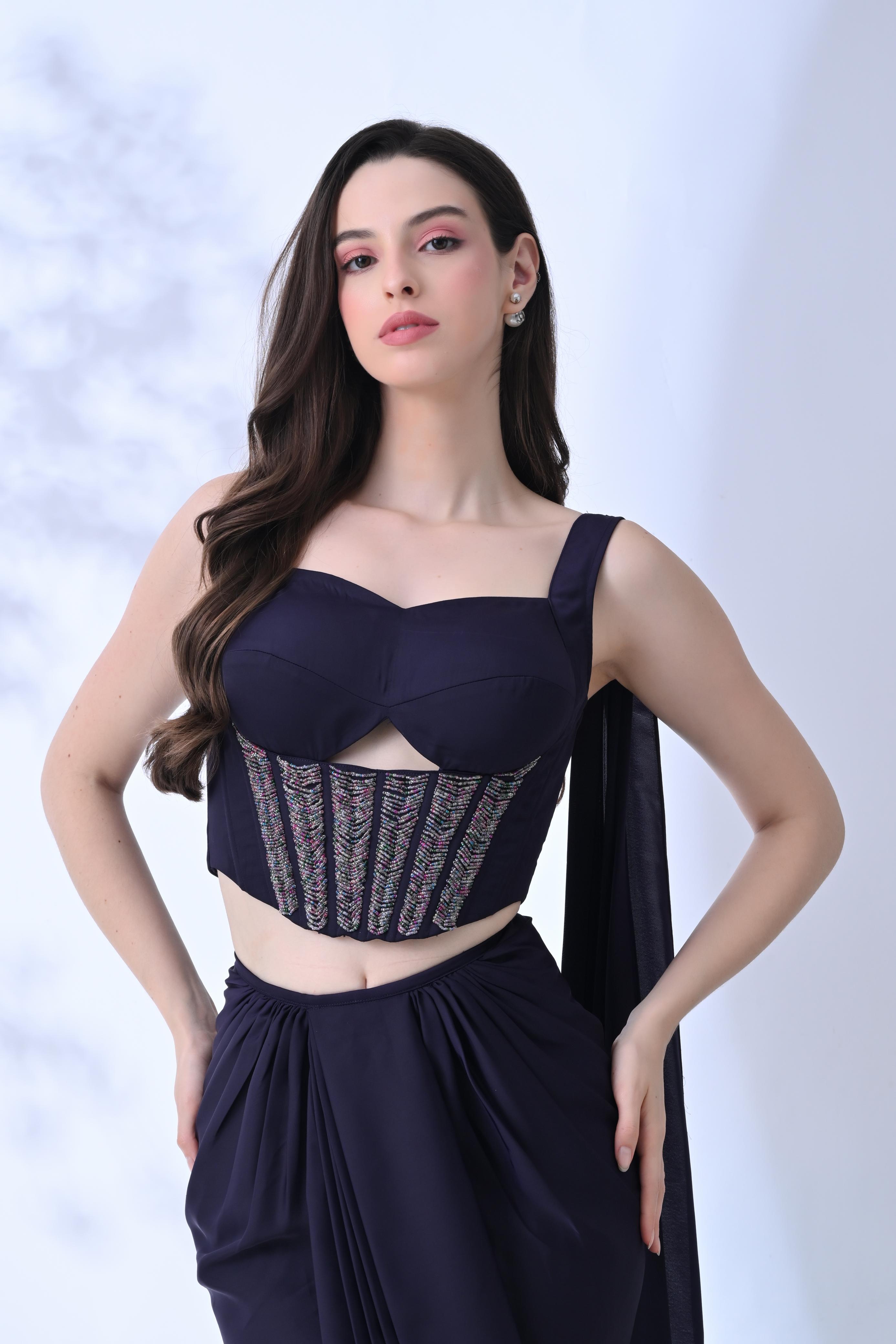 Handset Crystal Corset Saree - Deep Purple