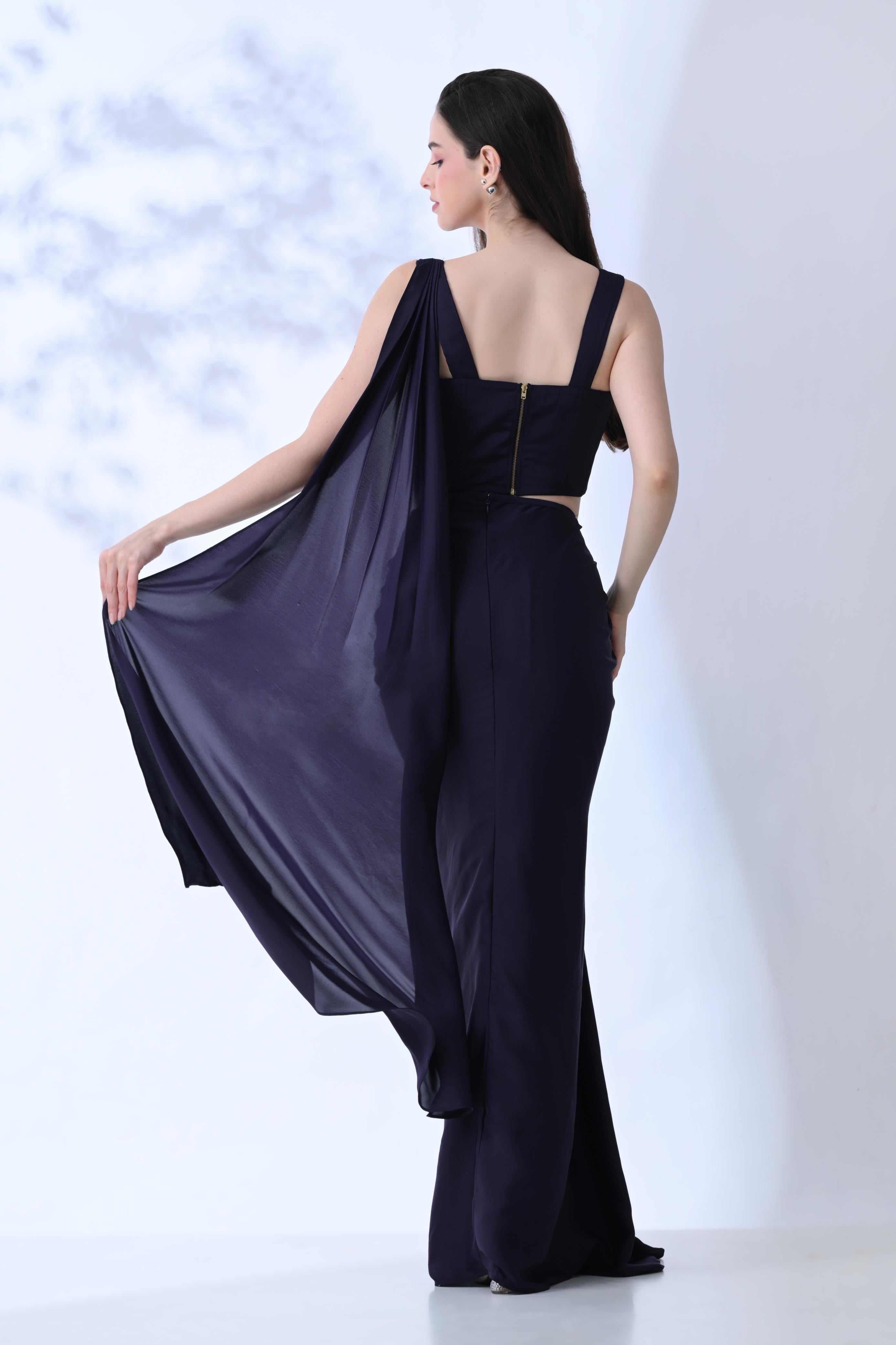 Handset Crystal Corset Saree - Deep Purple