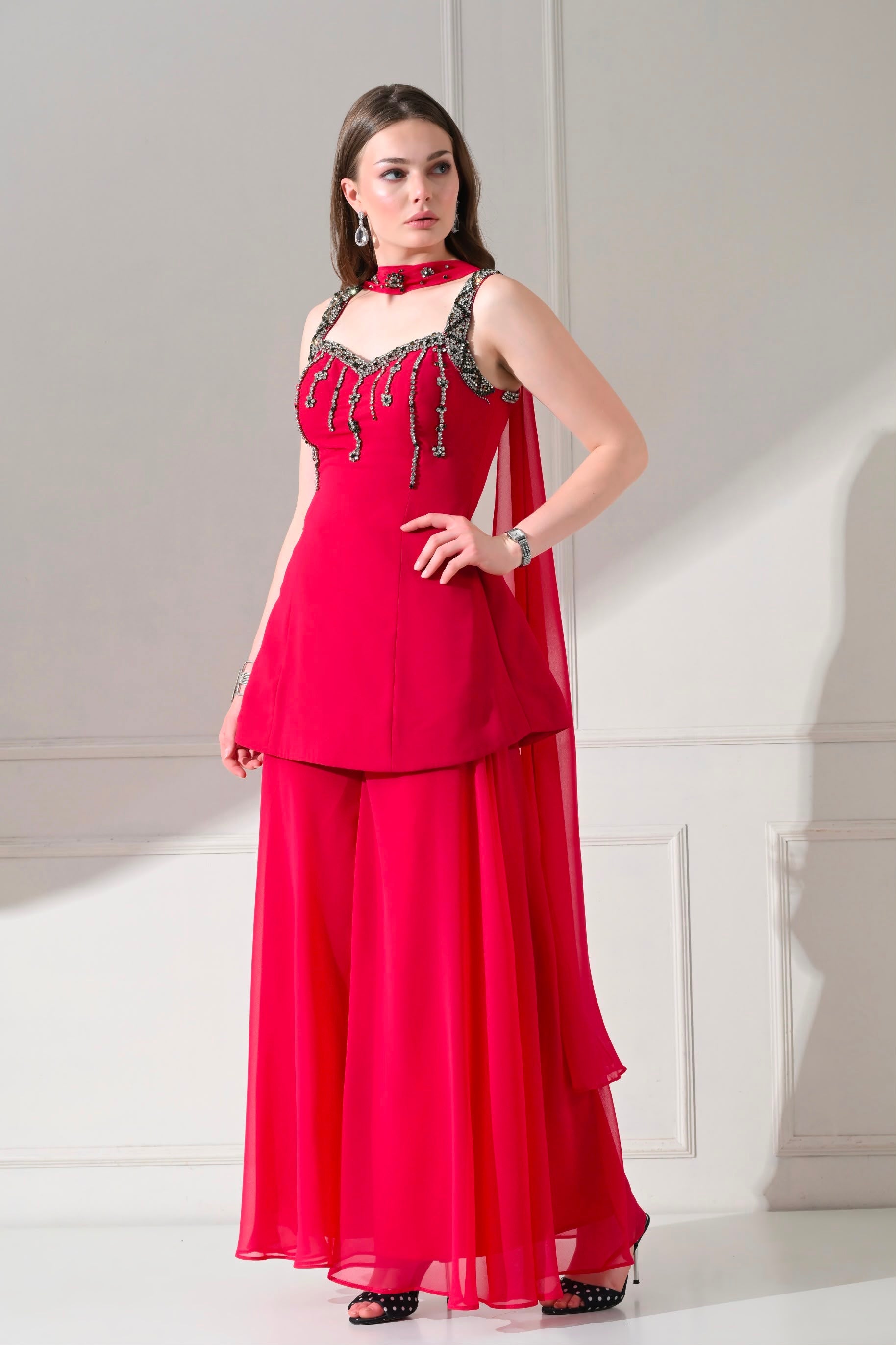 Cerise Crystal-Handwork 3-Piece Indo-Western Set – catalogue view 1