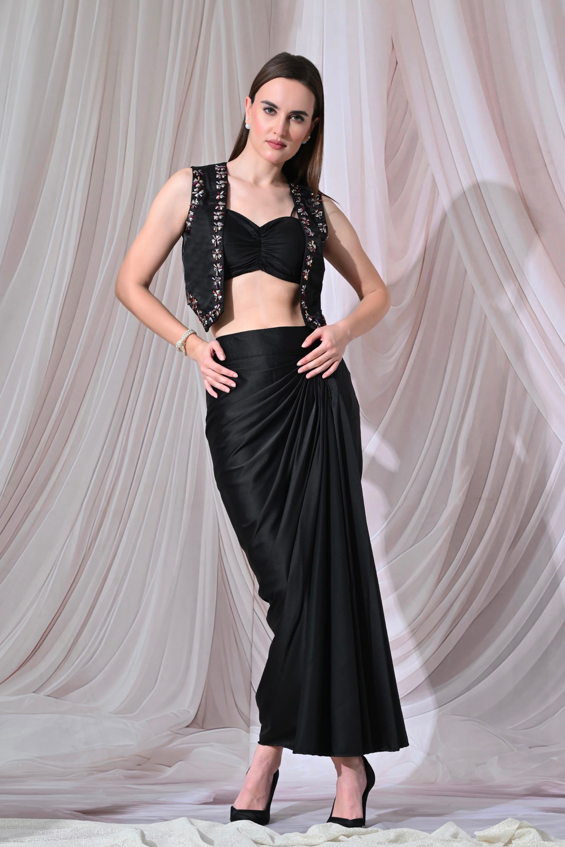 Noir Crystal-Embellished Black 3-Piece Indo-Western Set – catalogue view 1