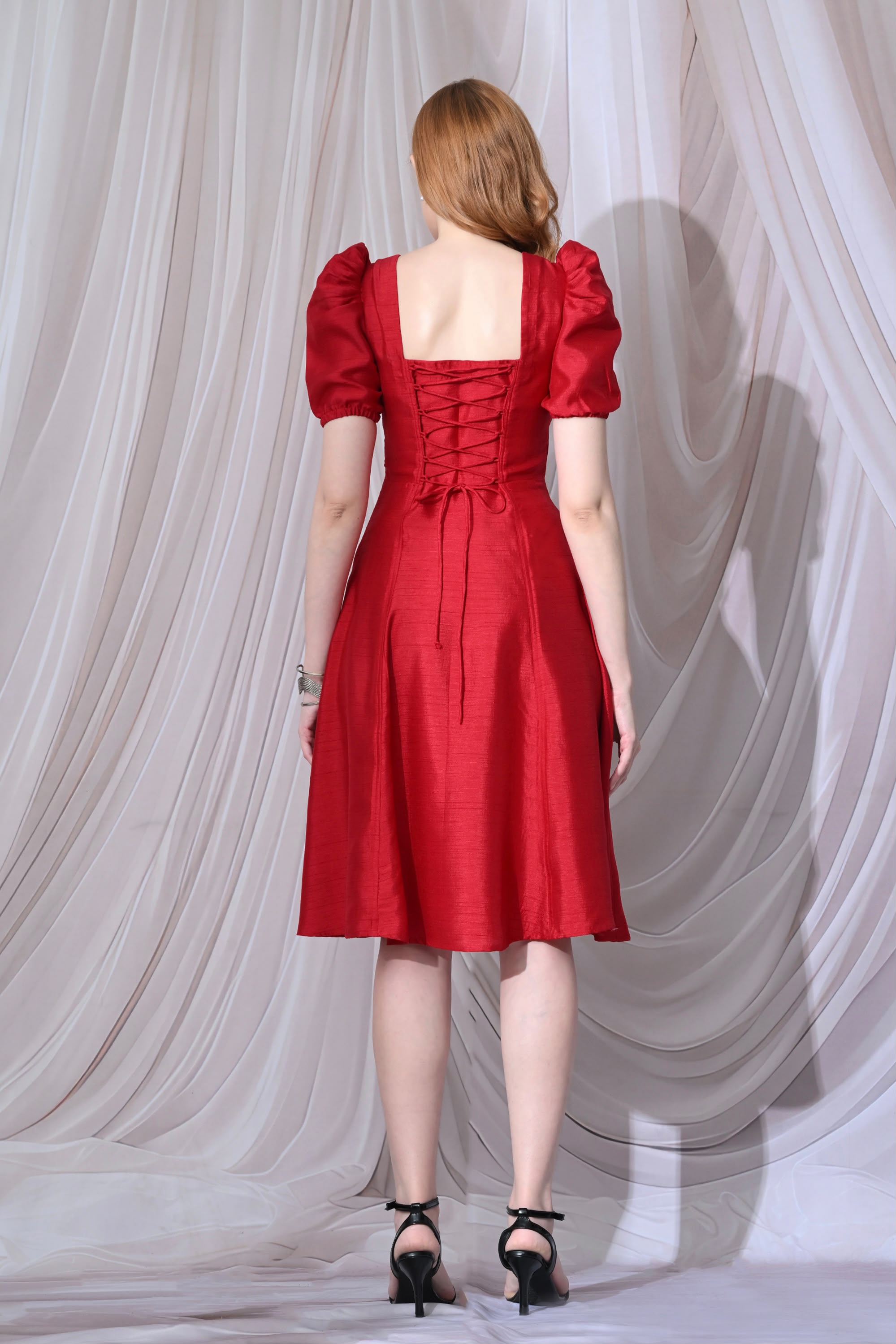 Royal Red Puff-Sleeve Midi Dress – catalogue view 7