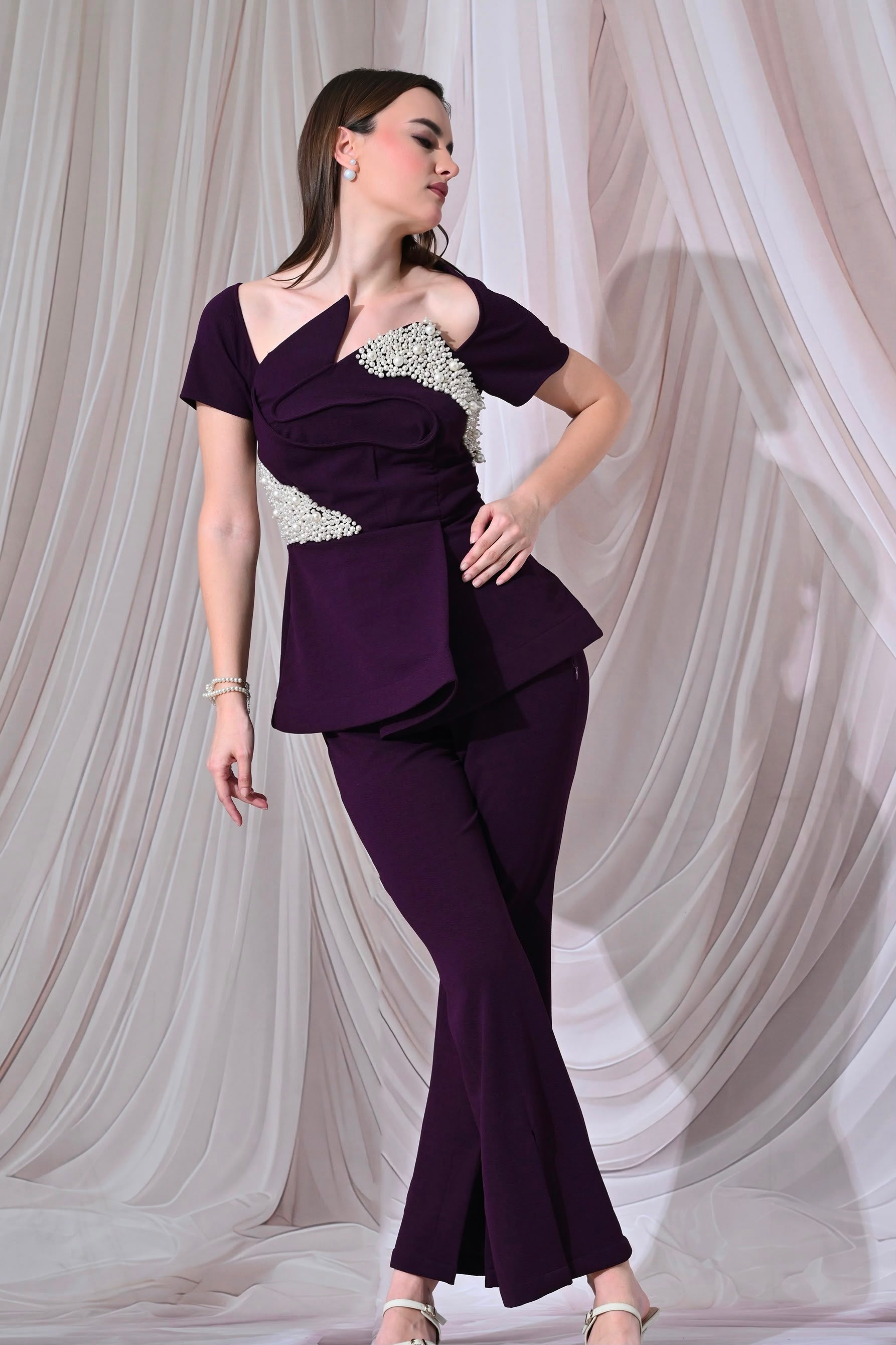 Santorini Pearl-Embellished Plum Trouser Co-ord Set – catalogue view 2