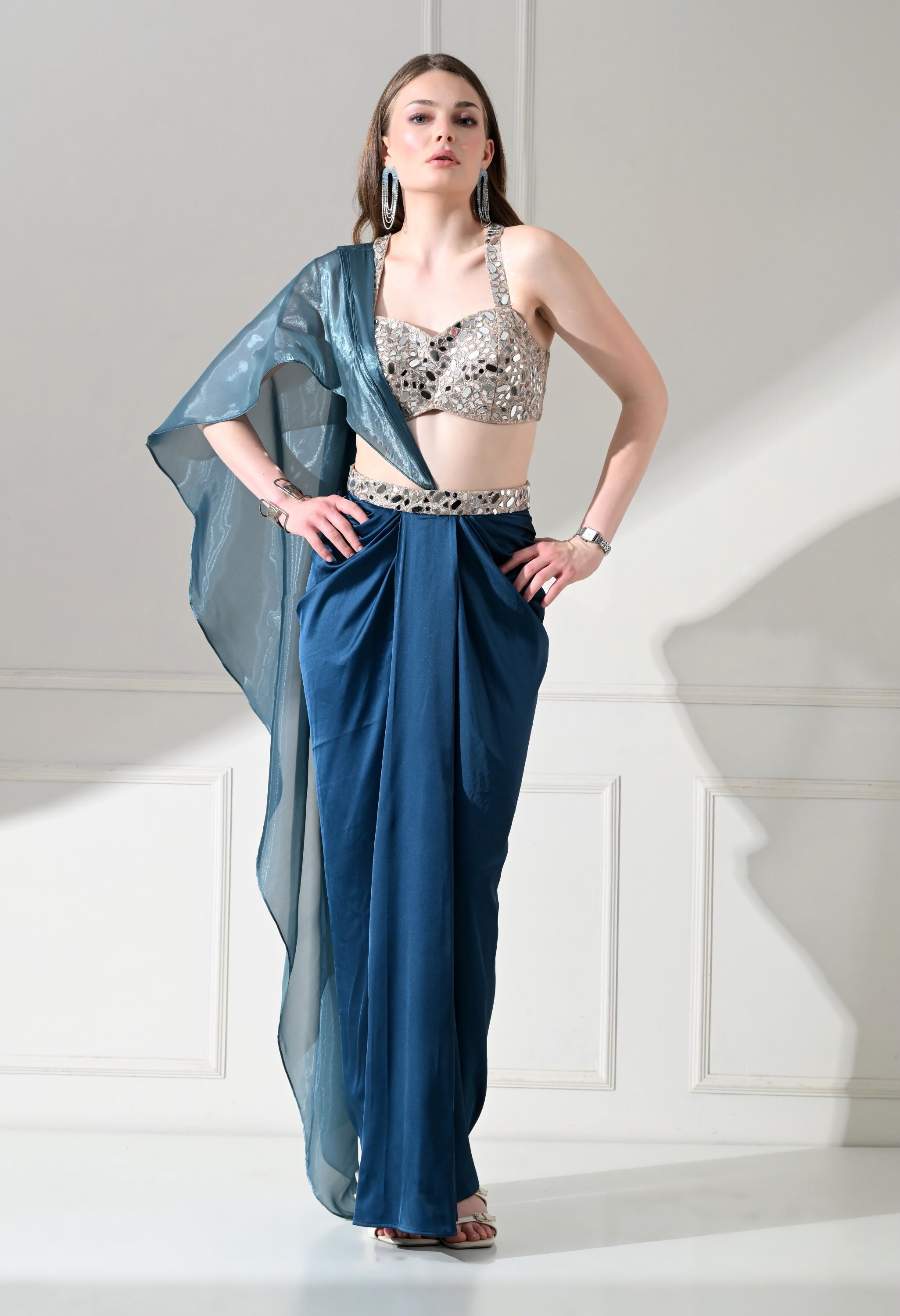 Steel Blue Mirror-Work Drape Saree Set – catalogue view 1