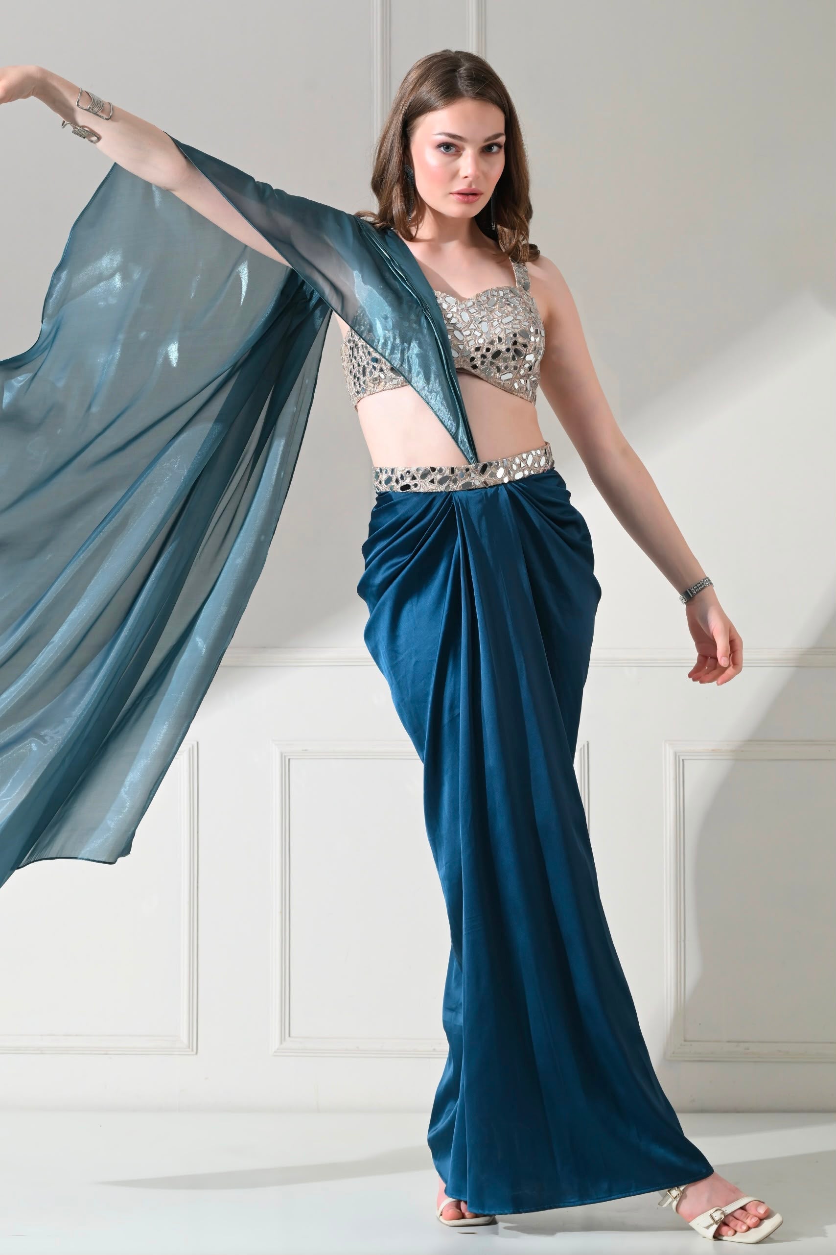 Steel Blue Mirror-Work Drape Saree Set – catalogue view 3