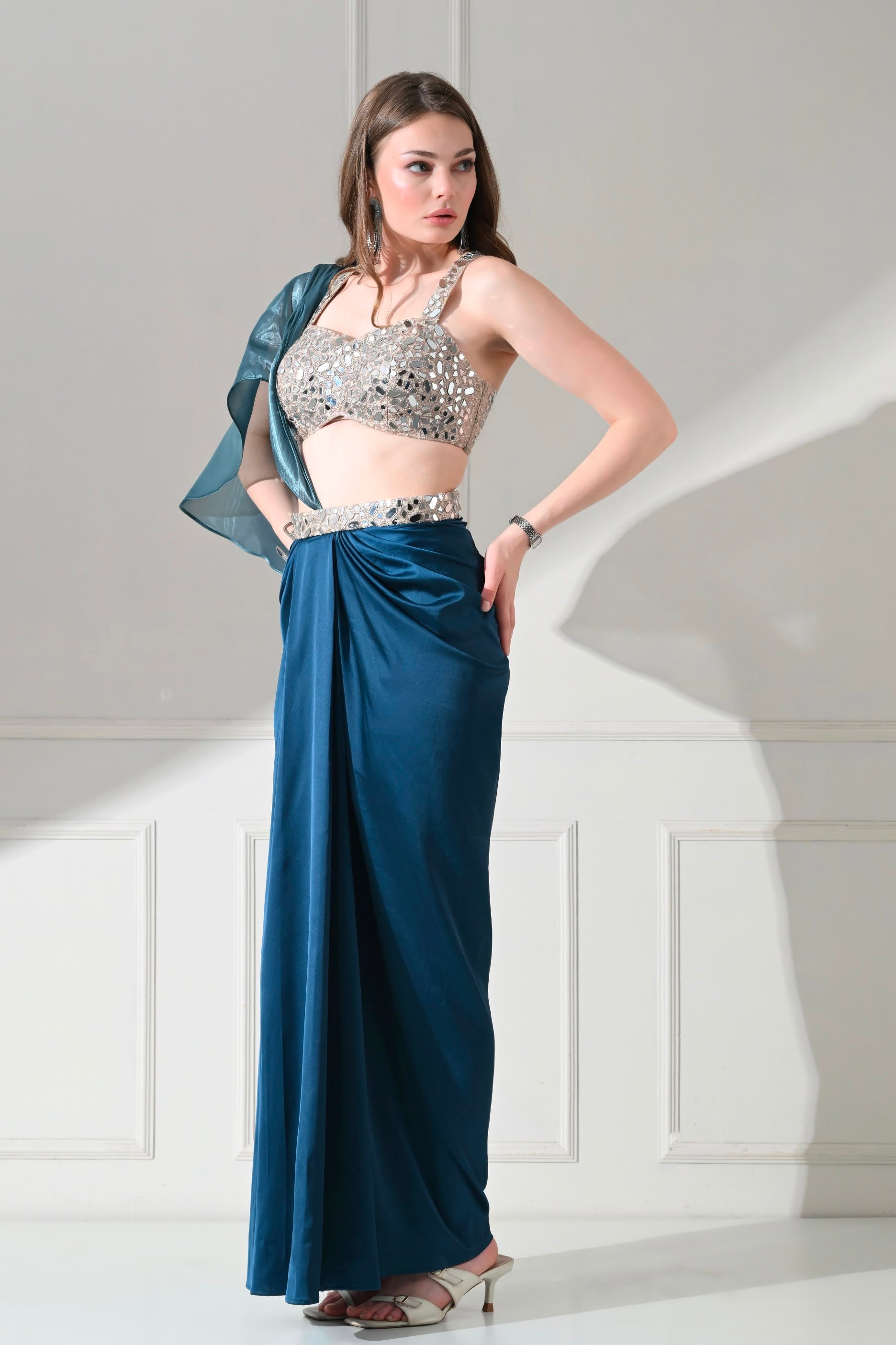 Steel Blue Mirror-Work Drape Saree Set – catalogue view 5