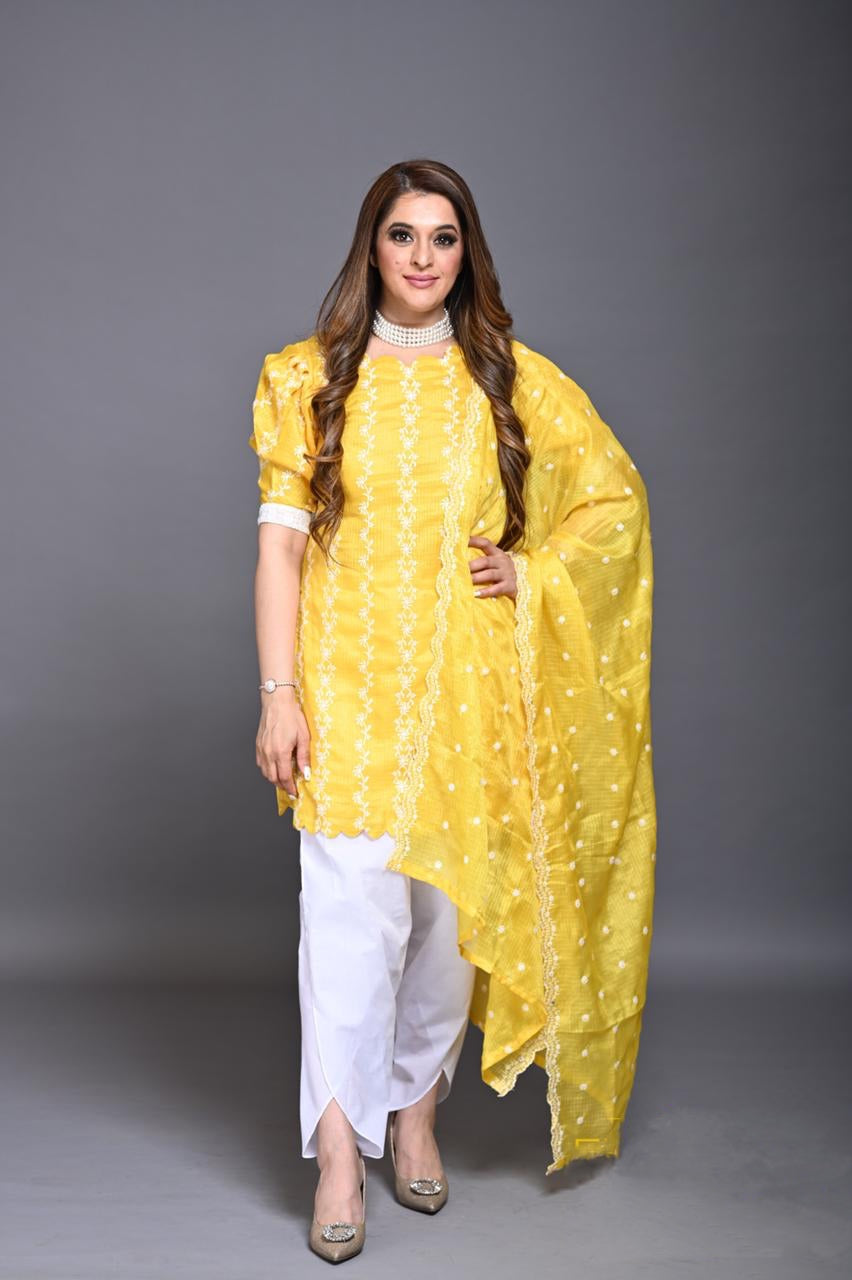 Mango sorbet suit set with tulip pants and dupatta - wishdrobe