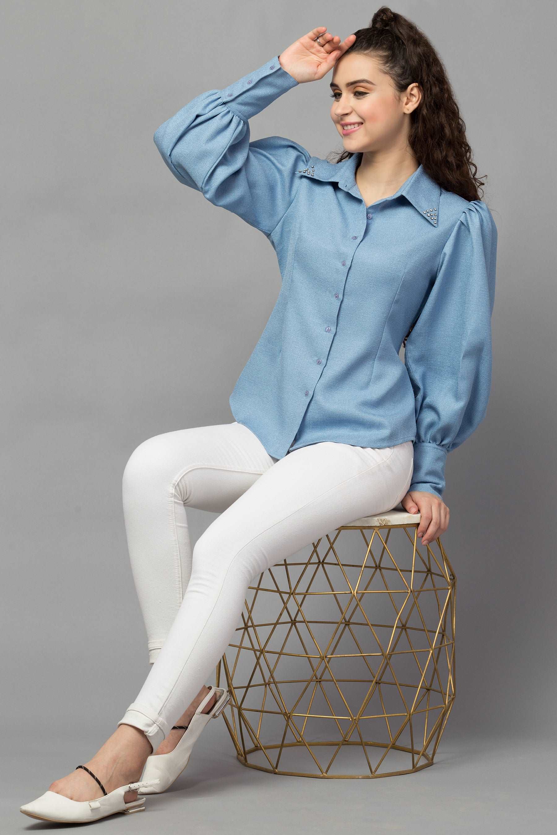 Dramatic Sleeves Shirt : Sky blue - wishdrobe