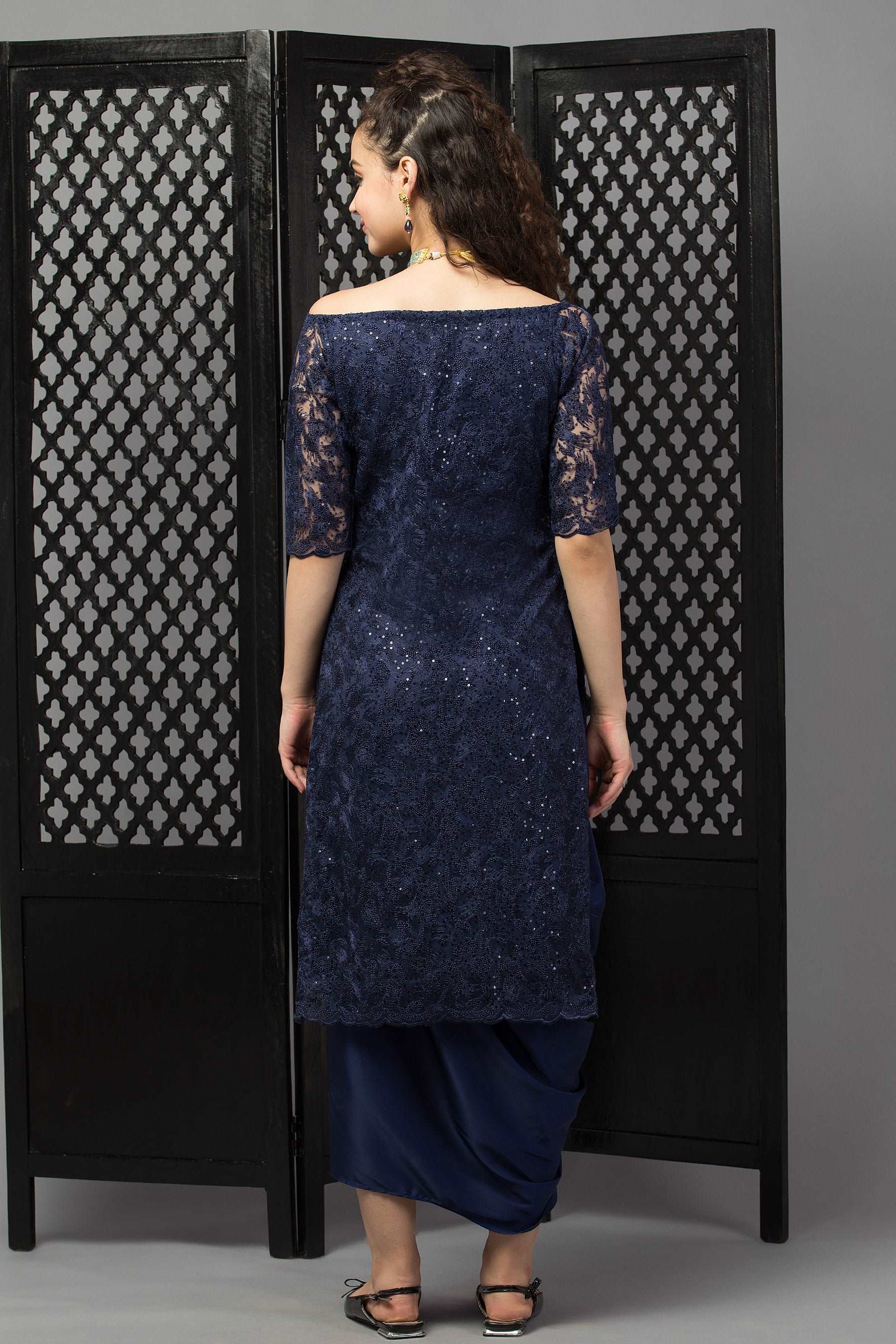 High-low Embellished Kurta with Drape Dhoti Skirt - wishdrobe