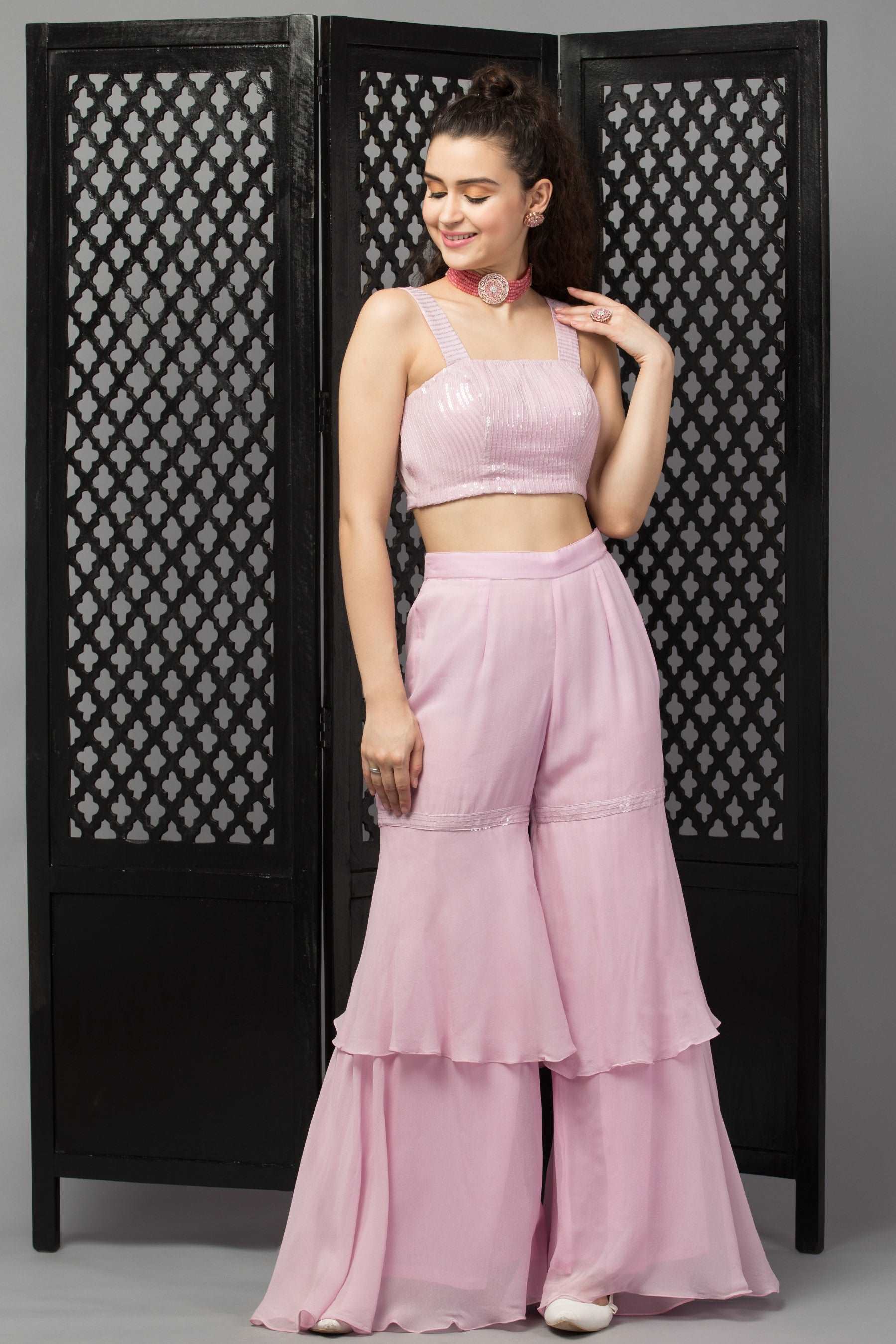 open lace back dress Pink Silver Layered Indo Western Dress