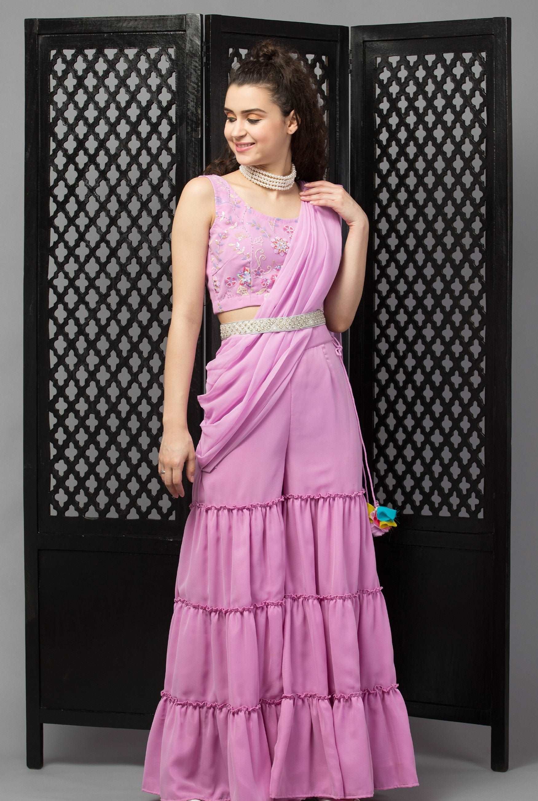 Blush Pink Embellished Drape Sharara Saree With Blouse And Belt - wishdrobe