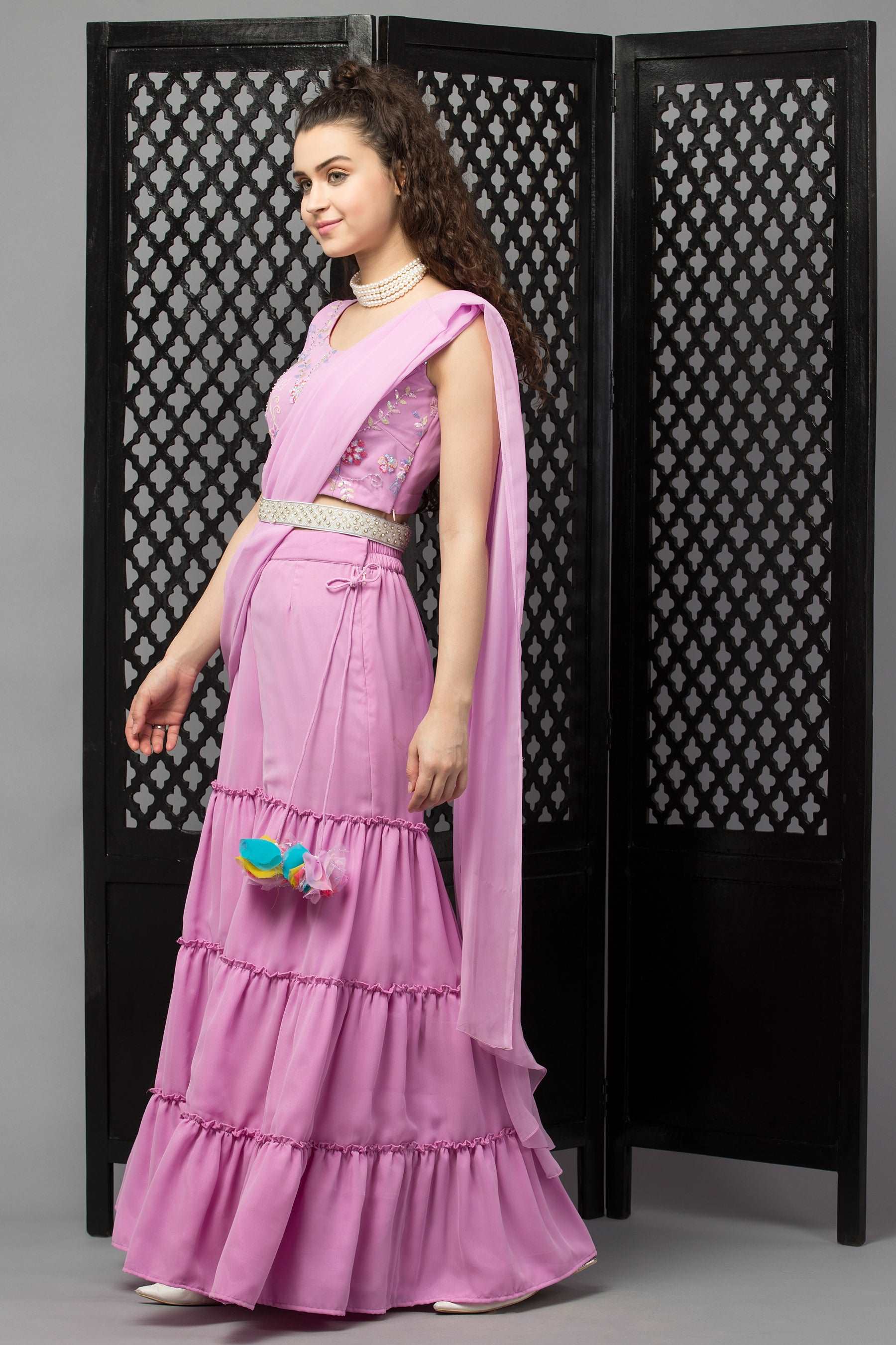 Blush Pink Embellished Drape Sharara Saree With Blouse And Belt - wishdrobe