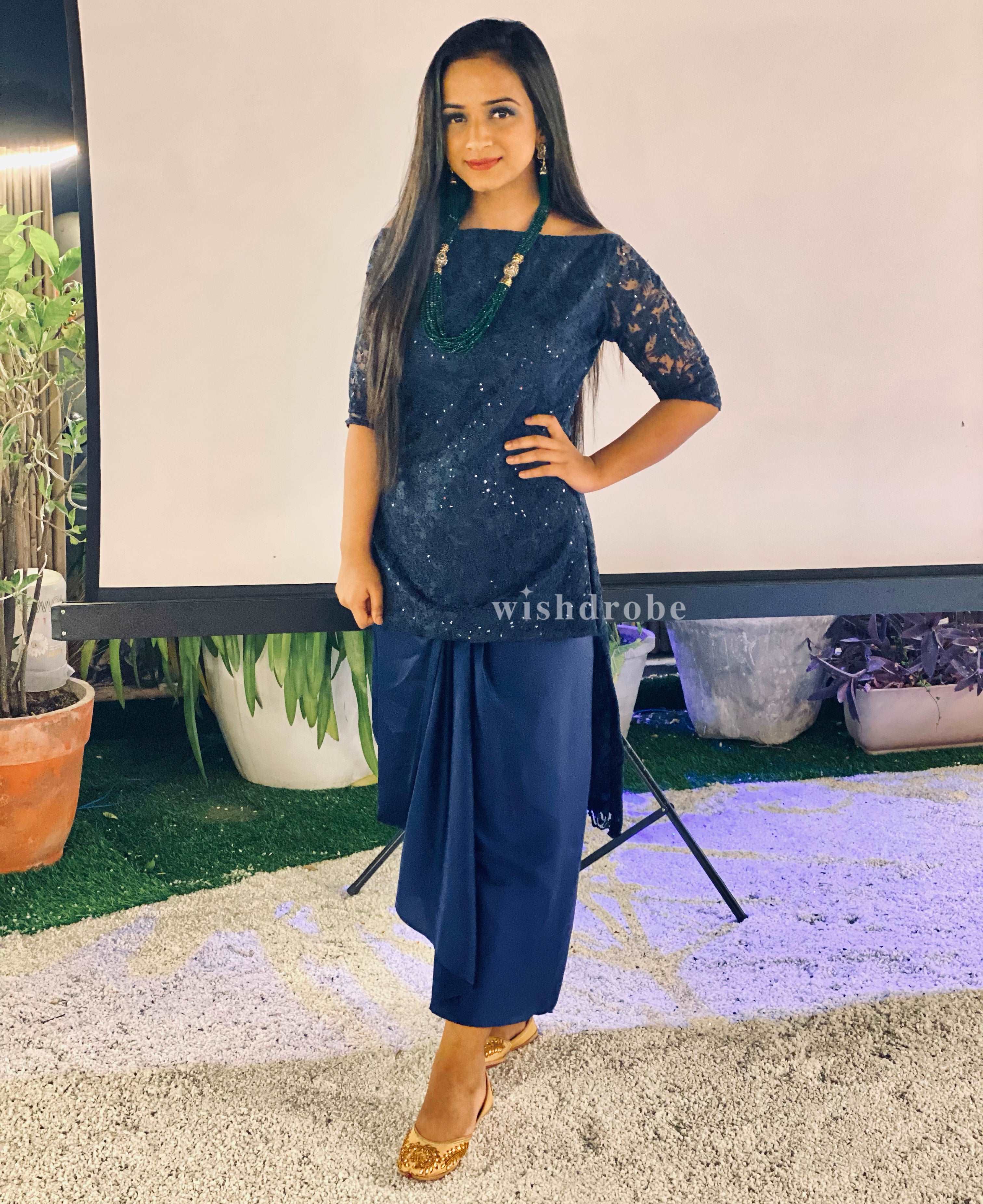 High-low Embellished Kurta with Drape Dhoti Skirt - wishdrobe