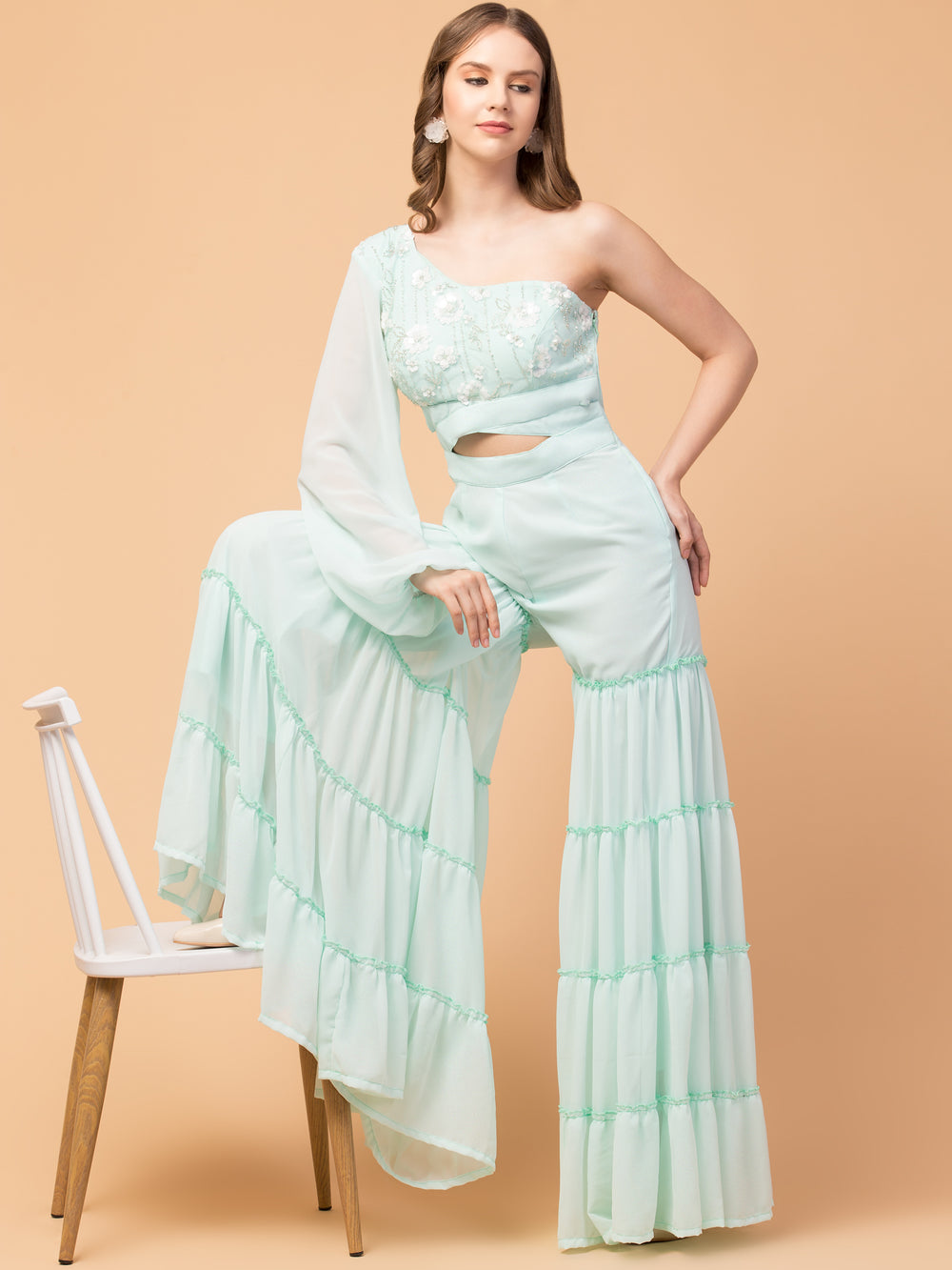 Three-Tier Indo-Western Jumpsuit- Misty Mint