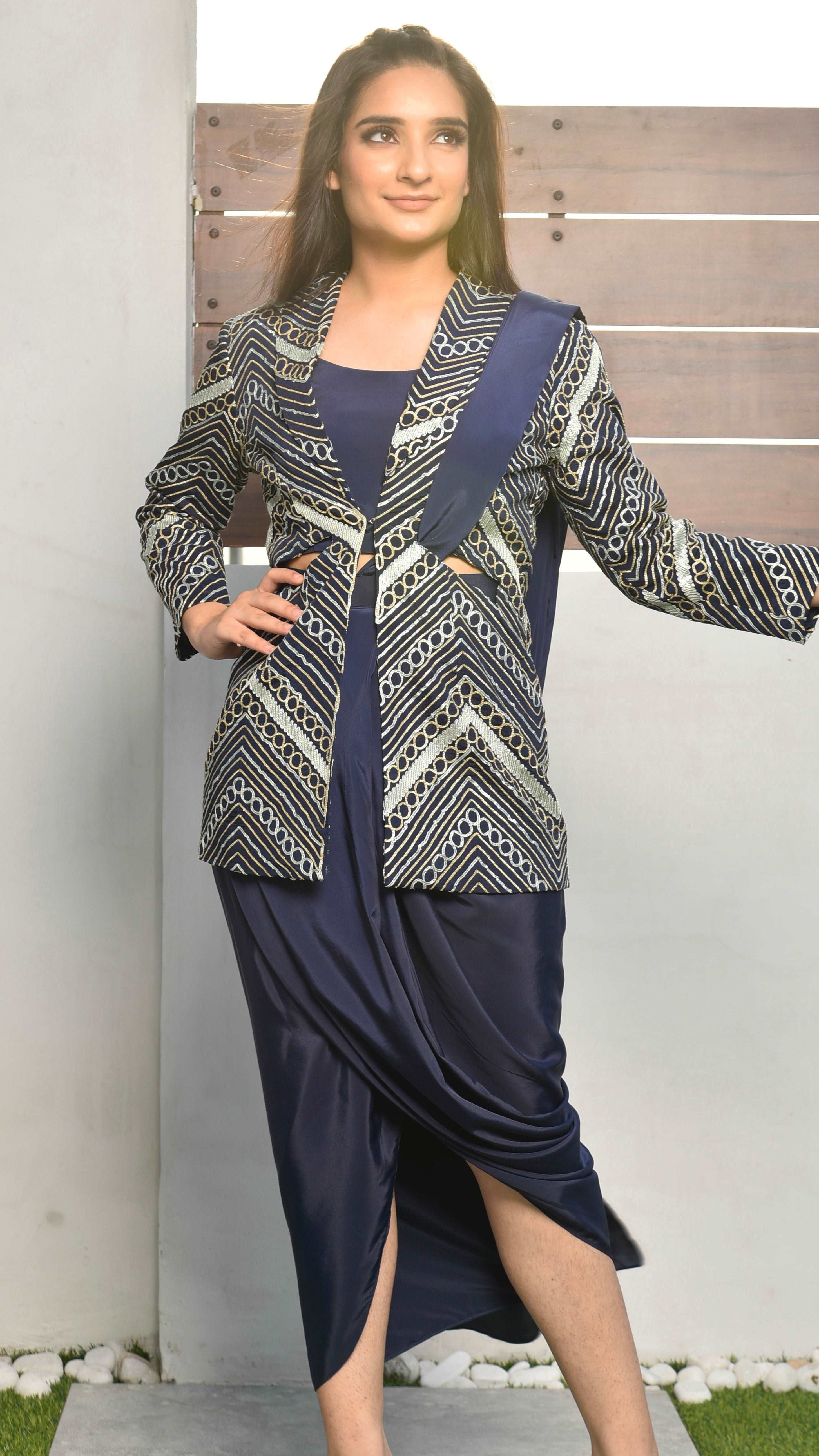 Midnight Blue 3 piece Indo-Western Set - wishdrobe