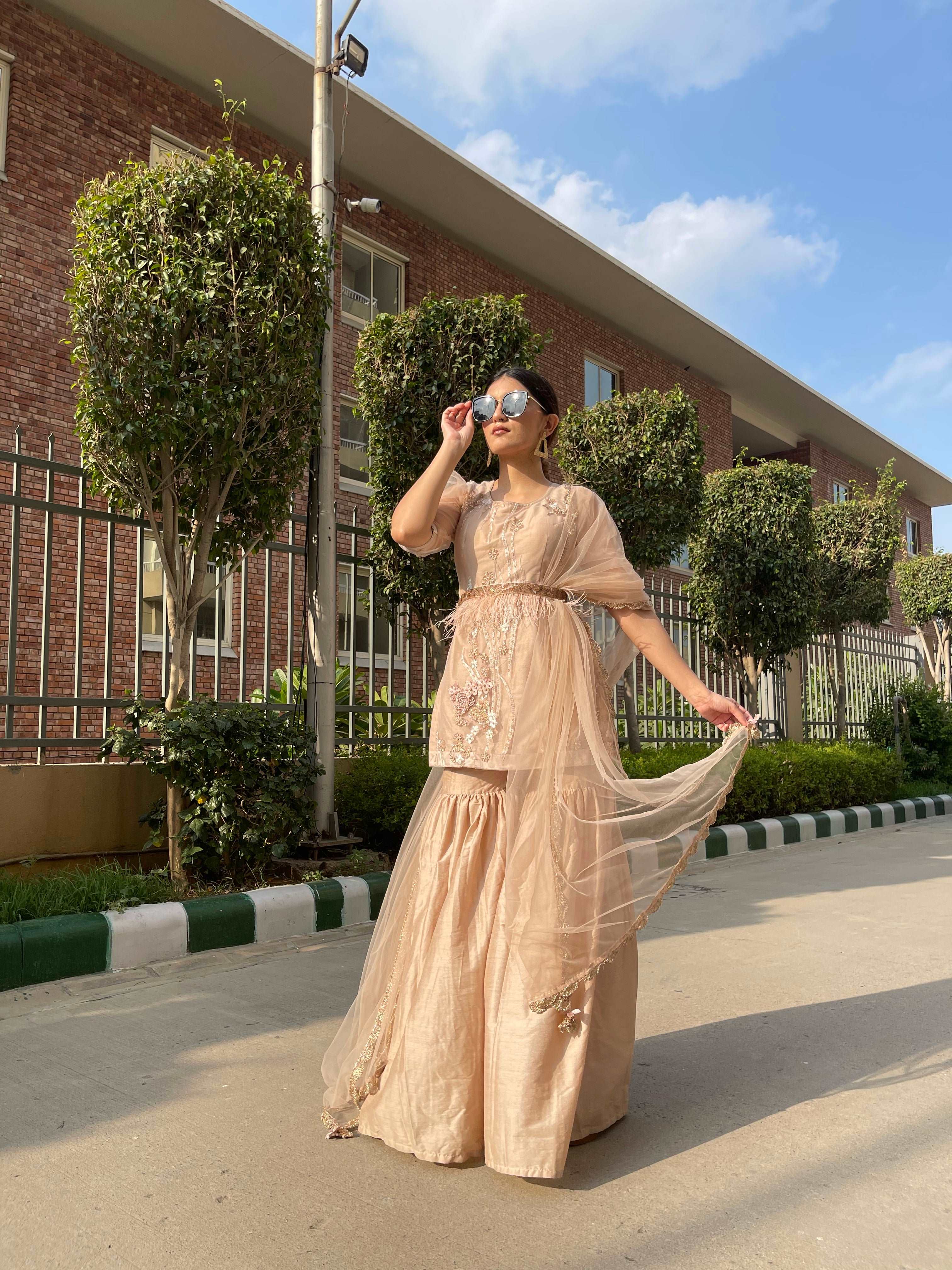 Peachy Nude Sharara Suit With Dupatta and Fur Belt - wishdrobe