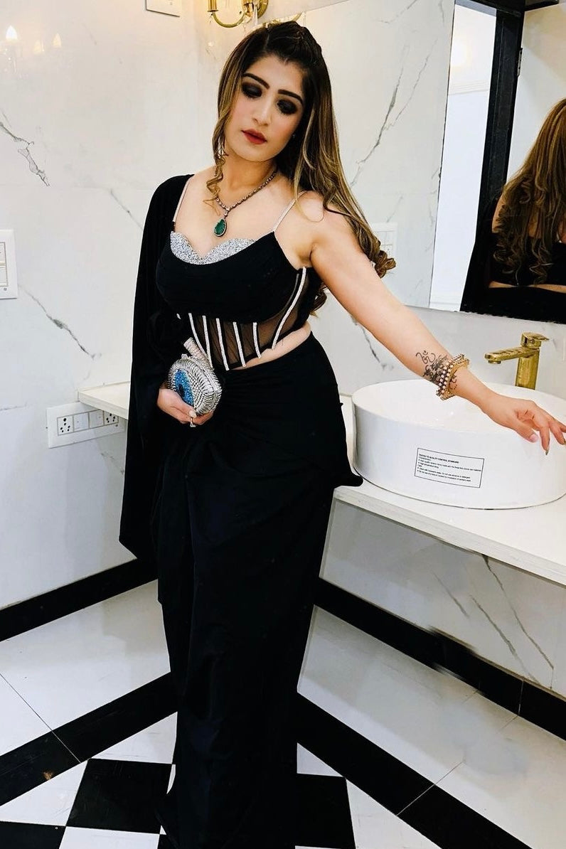 Corset Concept Draped Saree - Midnight Black