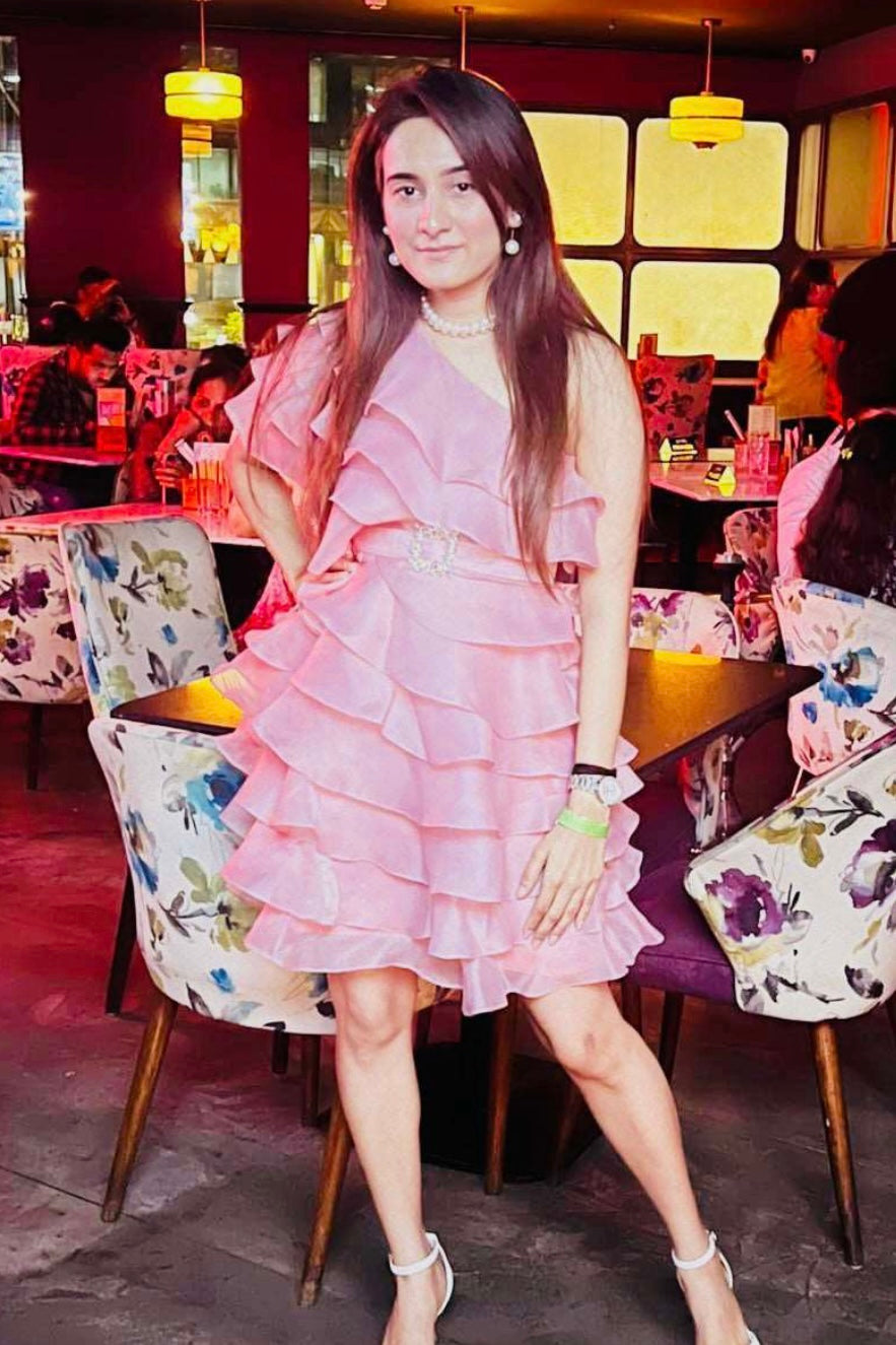 Ruffled Organza Dress & Rhinestone buckled belt - Earthy Pink