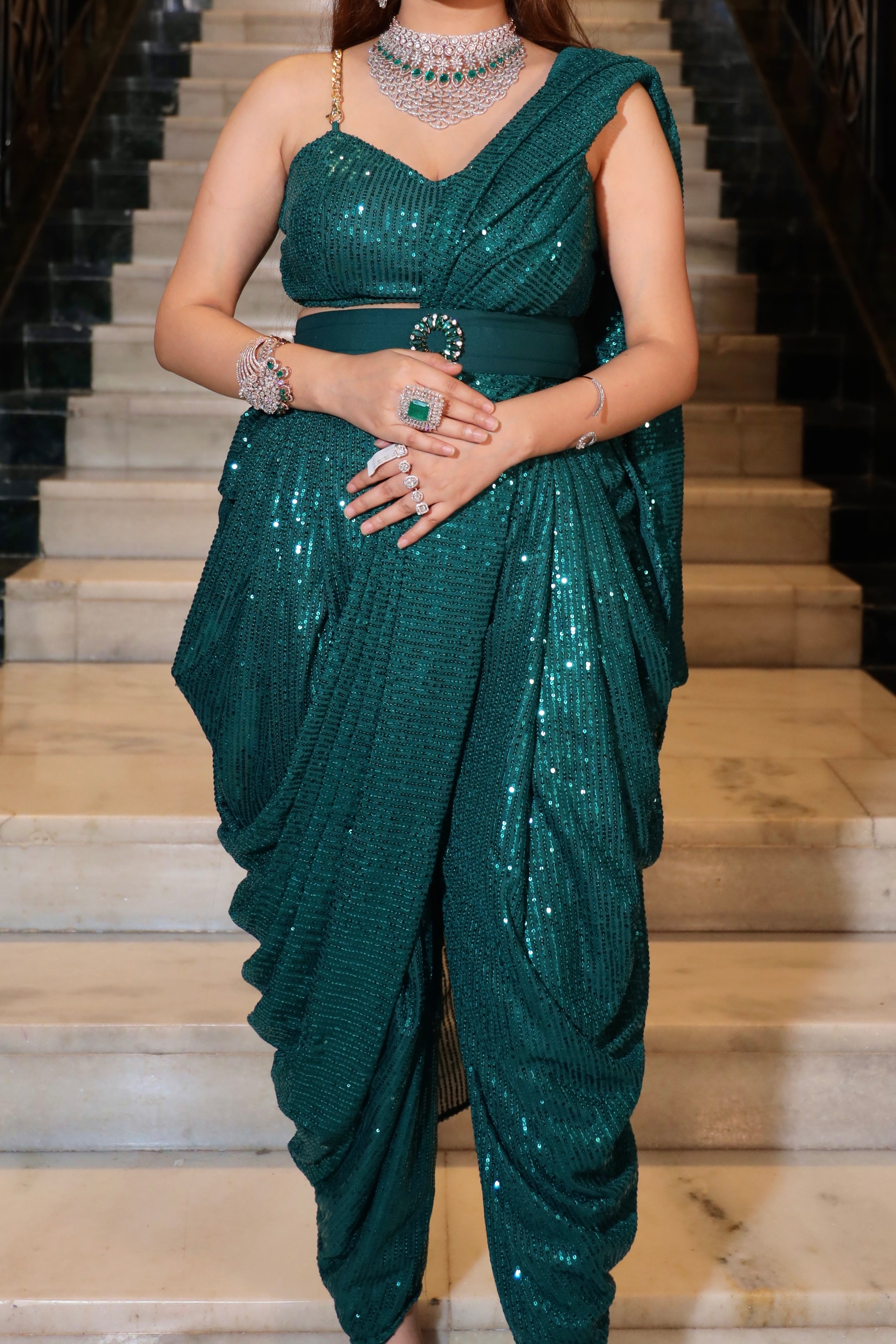 Draped Cowl Saree & Belt - Teal Green