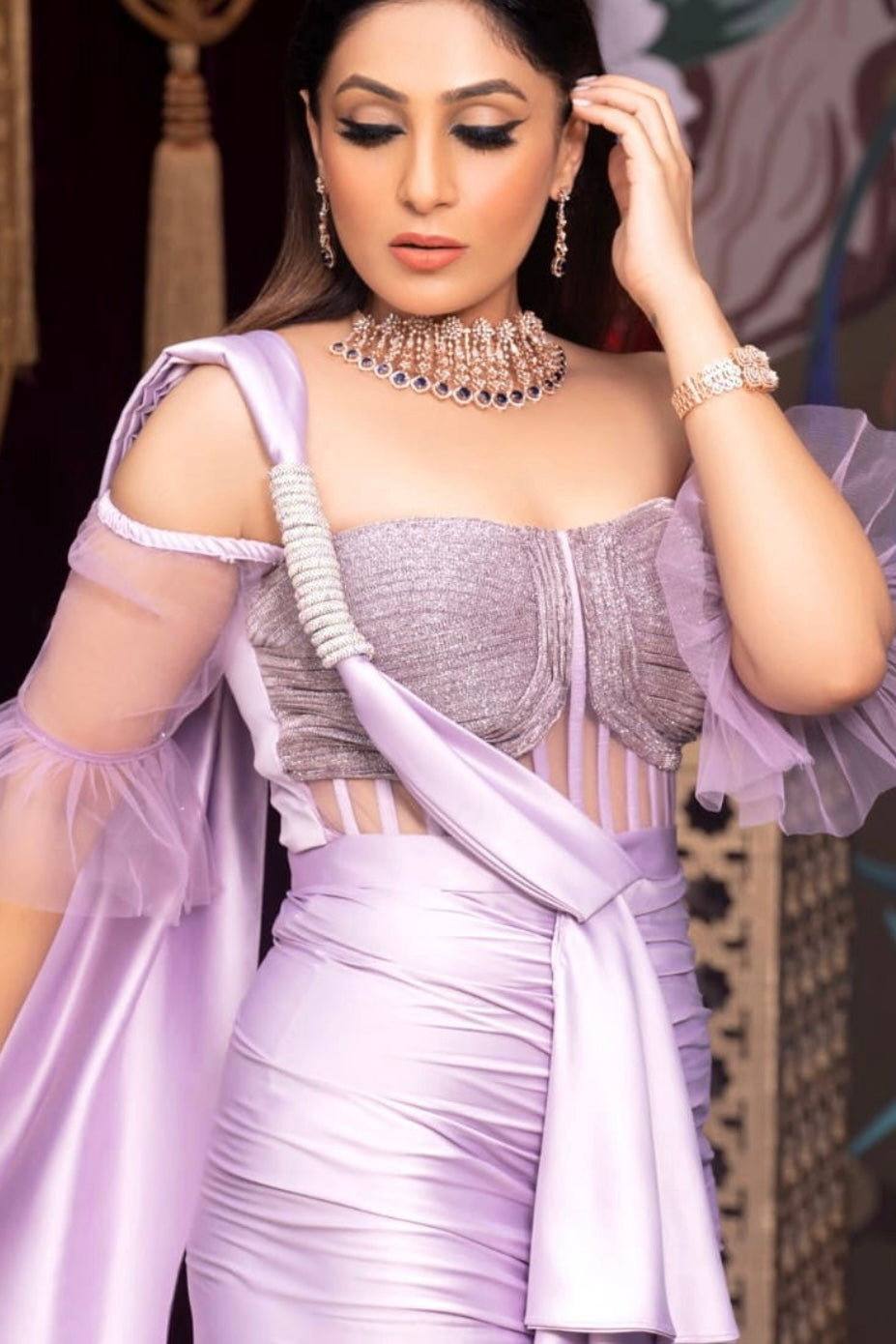 Bespoke Corset Draped Saree- Lavender