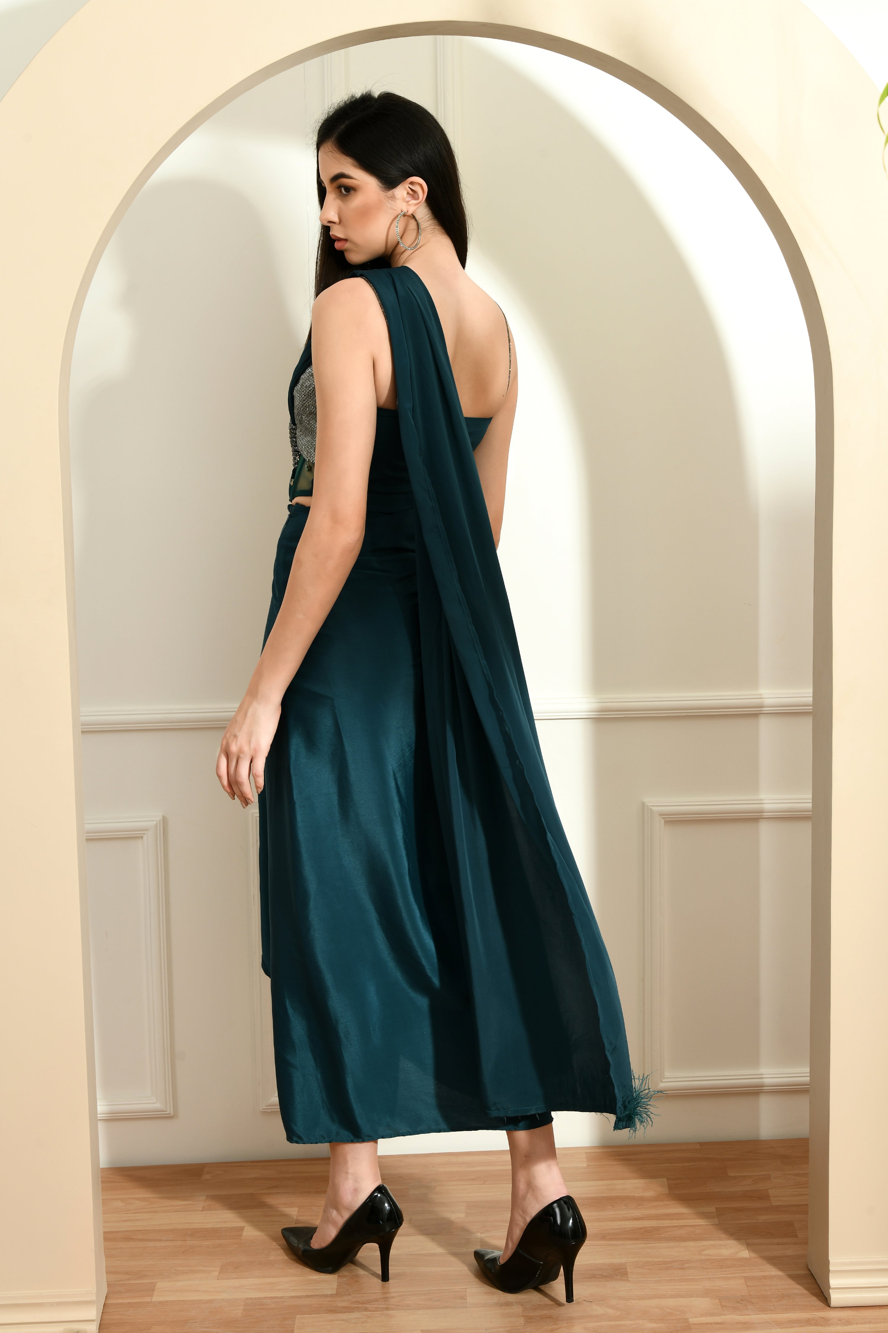 Corset Draped Saree- Teal green