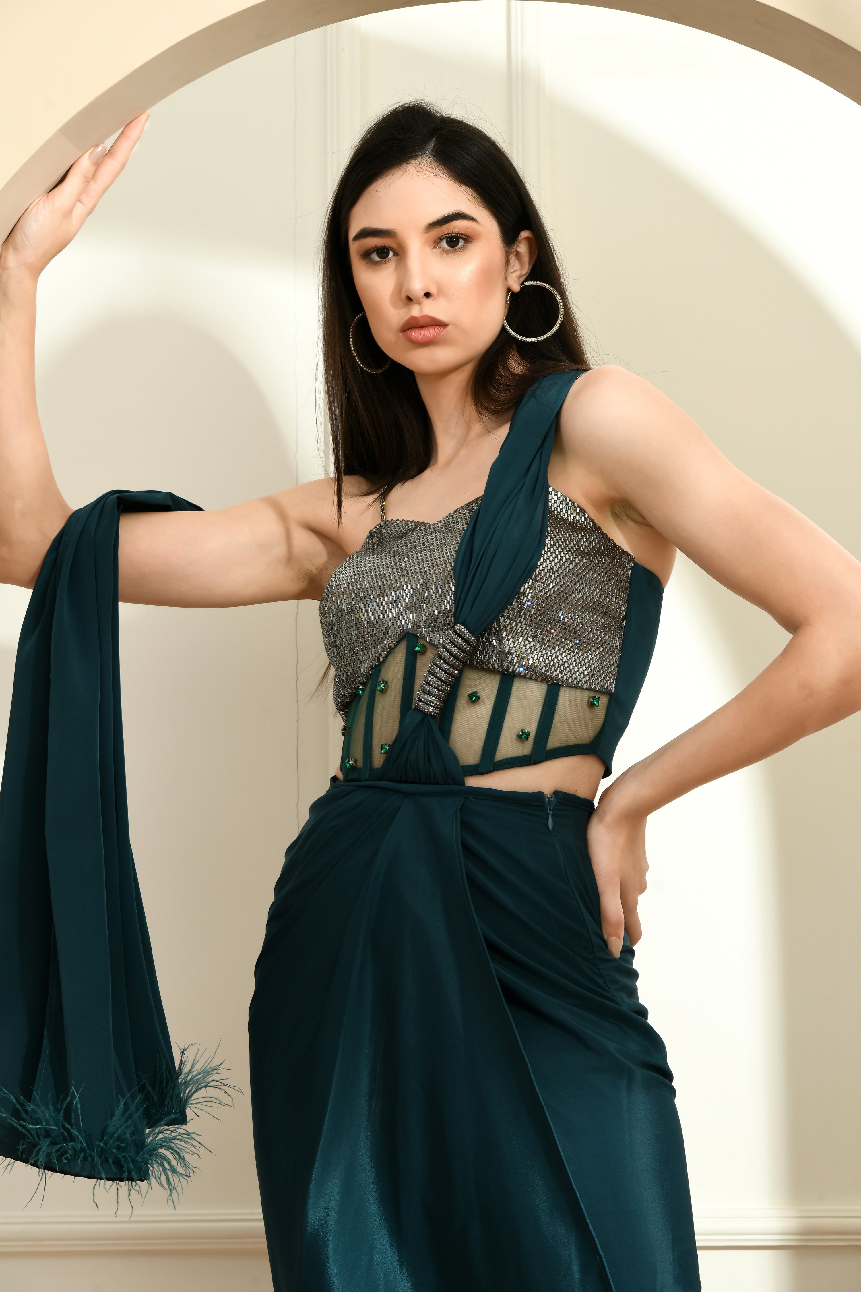 Corset Draped Saree- Teal green